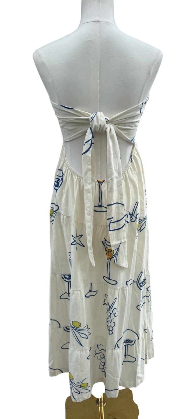 Strapless Martini Print Maxi Dress Small Coastal Vacation Olive Wine Resort Wear