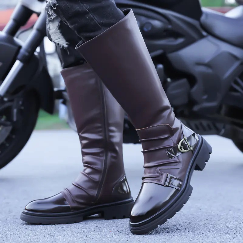 Mid Claf Boots Men’s Vintage Pleated Patent Leather Riding Motorcycle Punk Shoes