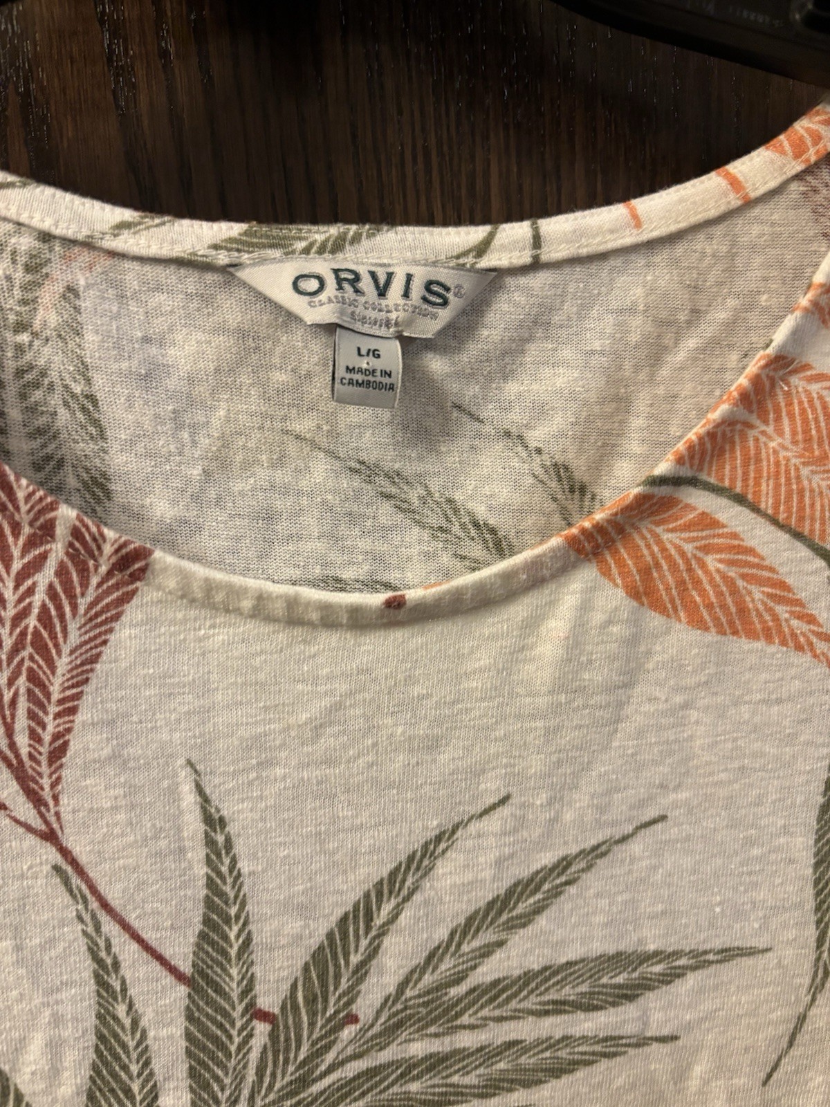 ORVIS Women’s 52% Linen Polyester Top Short Sleeve Botanical Leafy Multicolor L