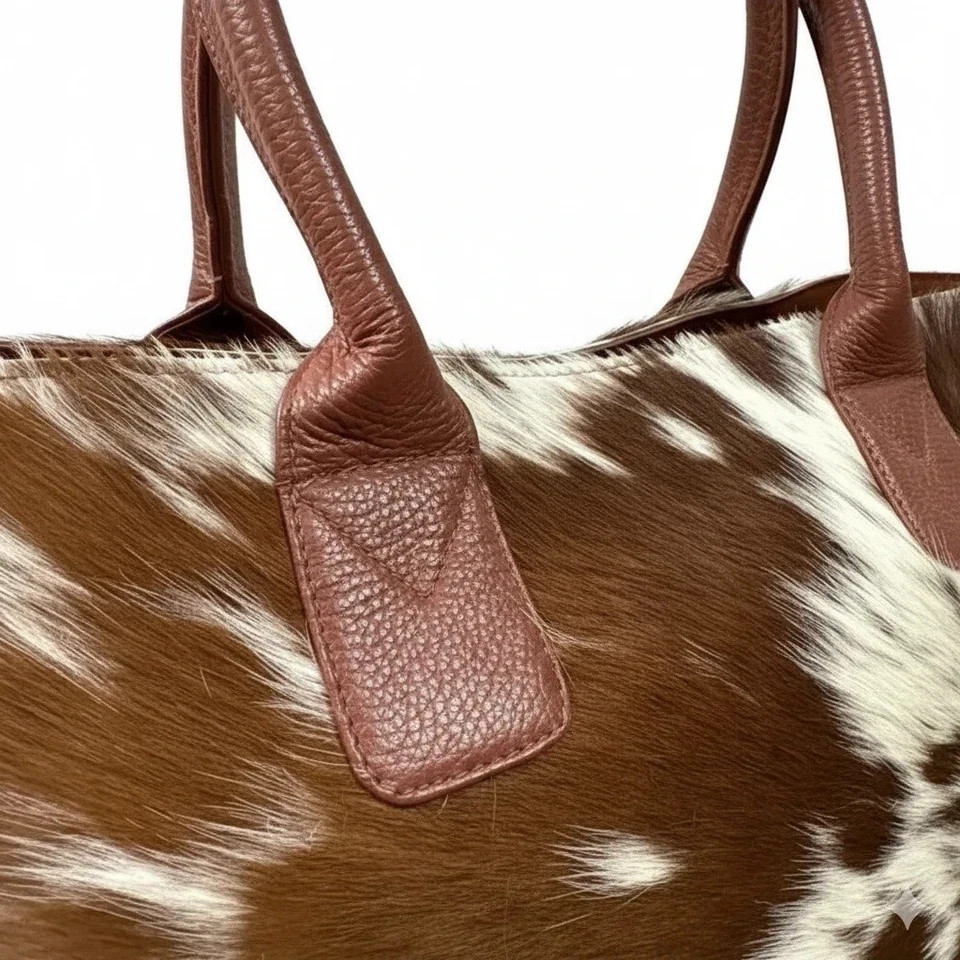Genuine Cowhide Leather Tote Bag Brown White Hair On Hide Shoulder Handbag