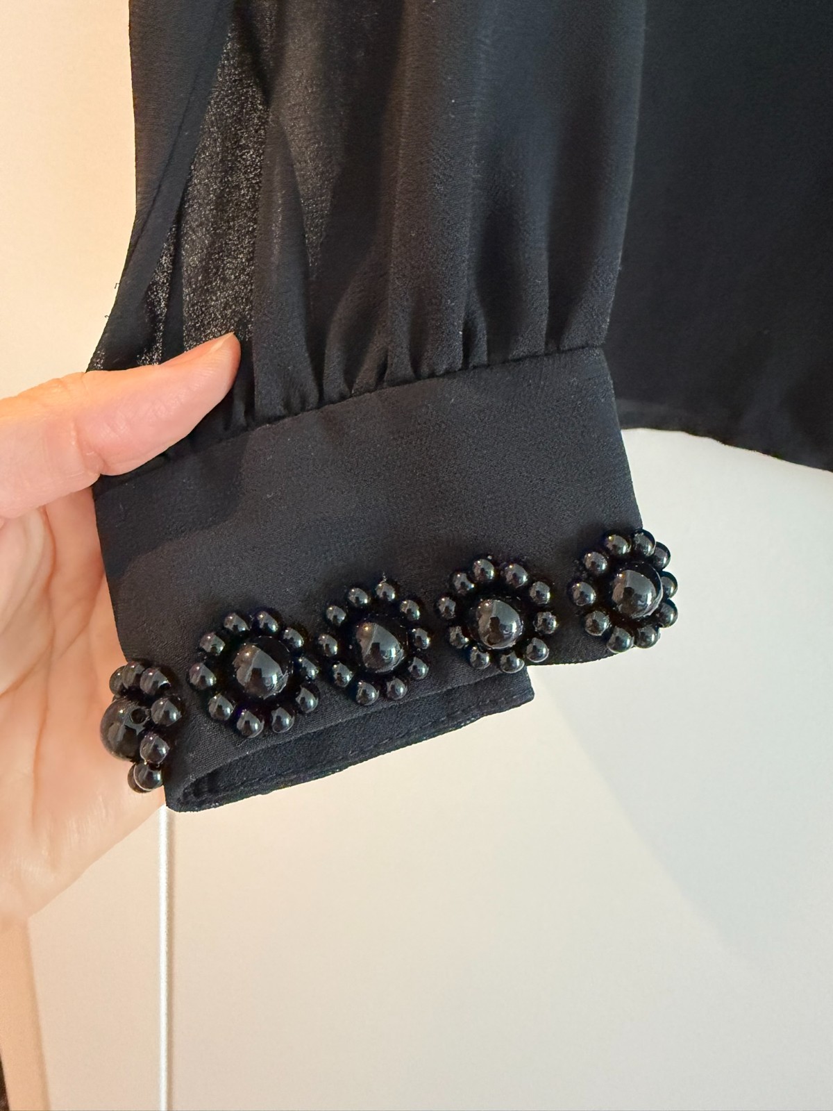 Ted Baker London Black Embellished Blouse Beaded Neckline Long Sleeve Size 0 UK