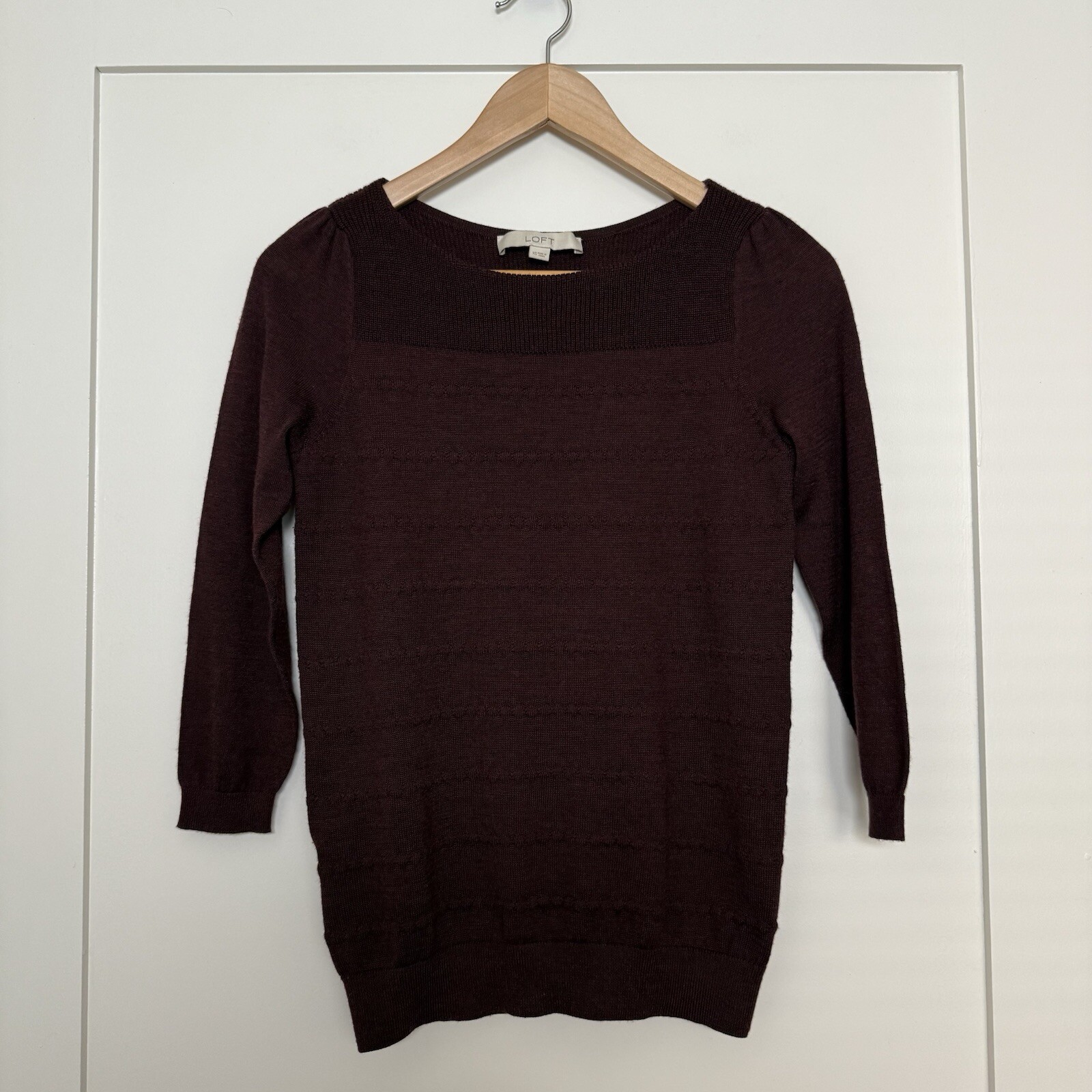 Loft Sweater Womens Sz XS Burgundy Knit 3/s Sleeve Wool Blend Pullover Office