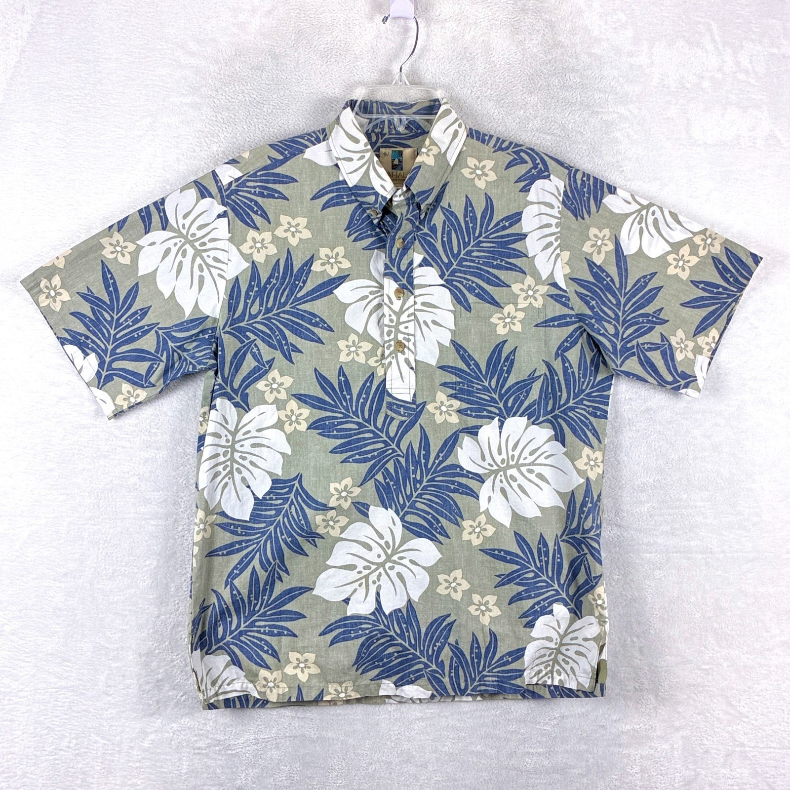 VTG Kahala Hawaiian Shirt Men L White Blue Floral Palm AOP Aloha Tiki 90s USA
