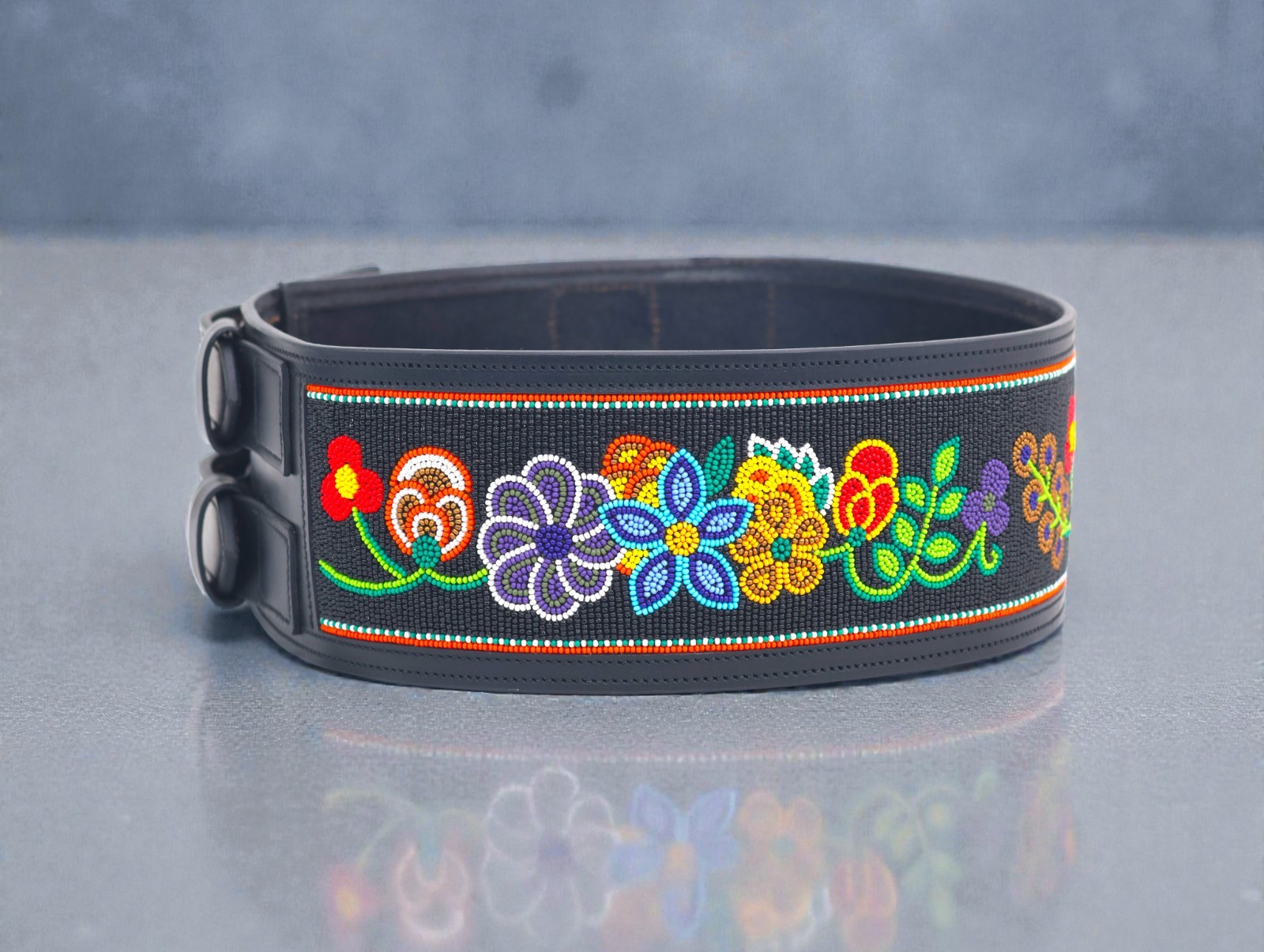 Beaded Wide Leather Belt | Floral Statement Western Waist Belt | Double Buckle