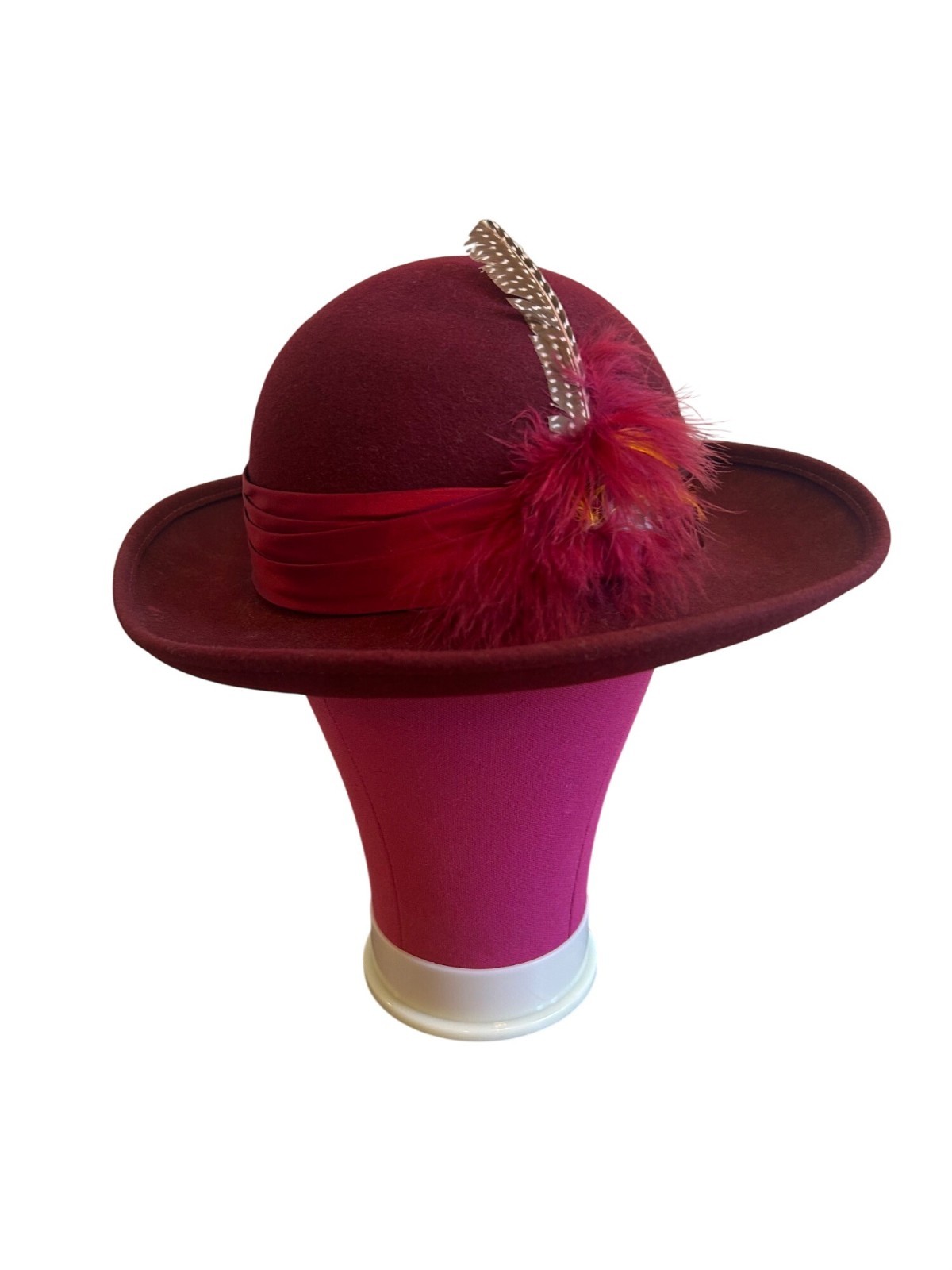 Vintage Geo W Bollman Burgundy Wool Hat With Satin Ribbon & Feather Accent