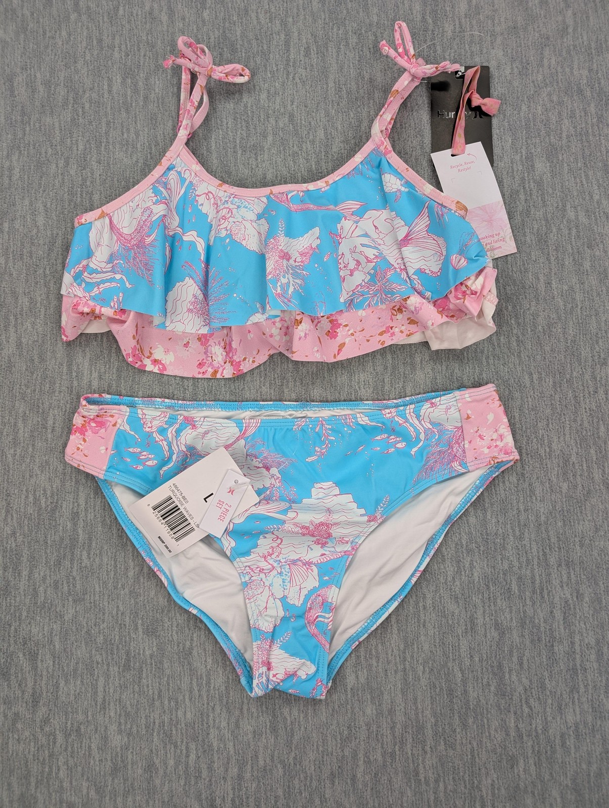 LoveShackFancy X Hurley Bikini Set Girls Large 12-14 Blue Mermaid Ruffle Floral