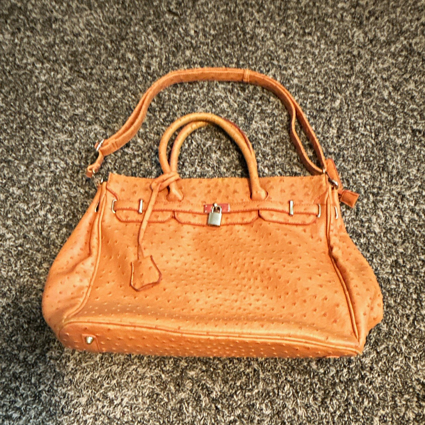 Ostrich Embossed Tan Large Satchel Top Handle, Detachable Strap, Zip/Lock