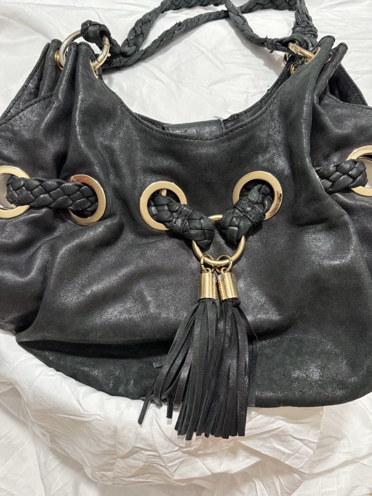 Michael Kors Black Shoulder Bag Braided Strap Gold Grommets Tassel Charm