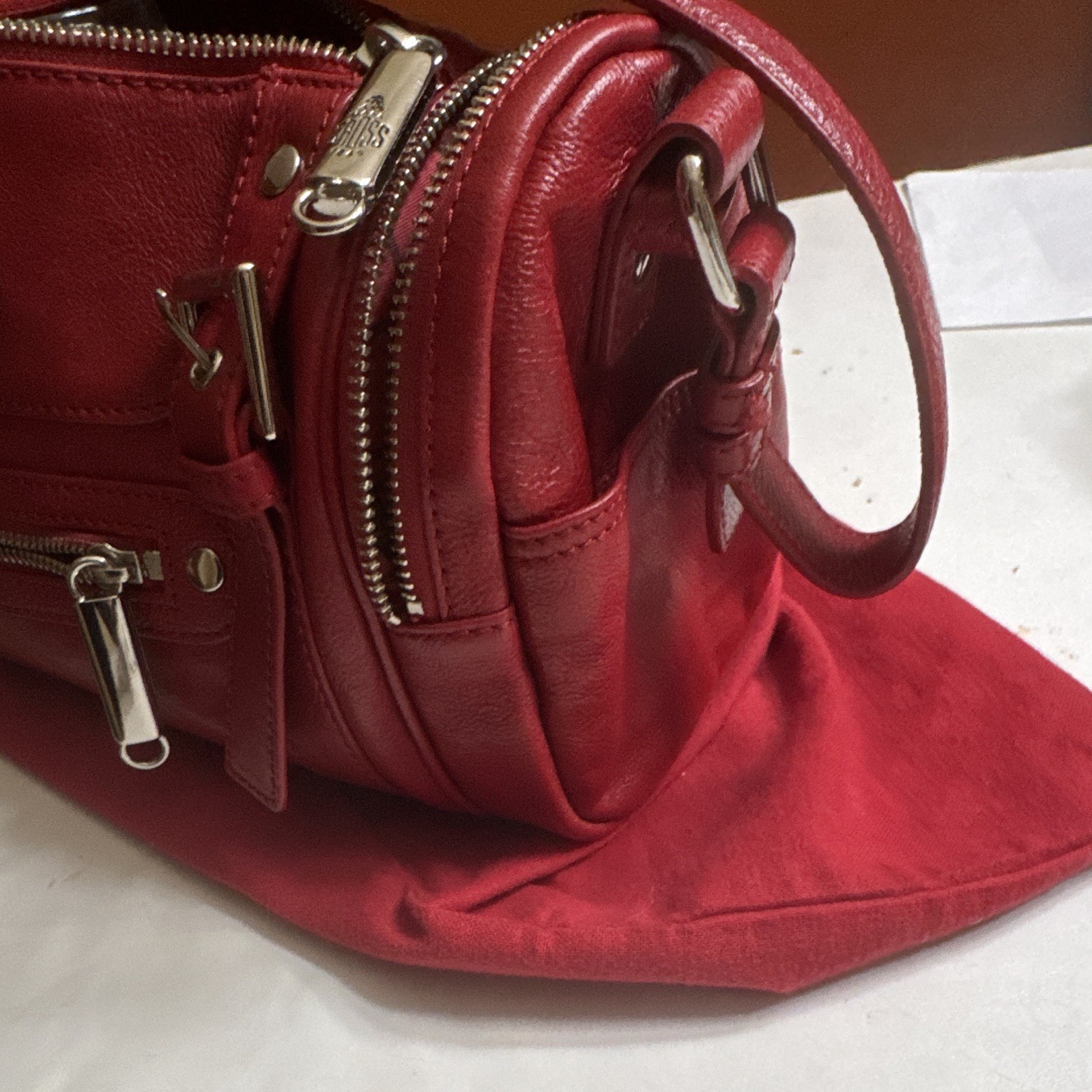 Mark Cross Women’s Red Handbag with Zipper, Buckle Accent, Dust Bag