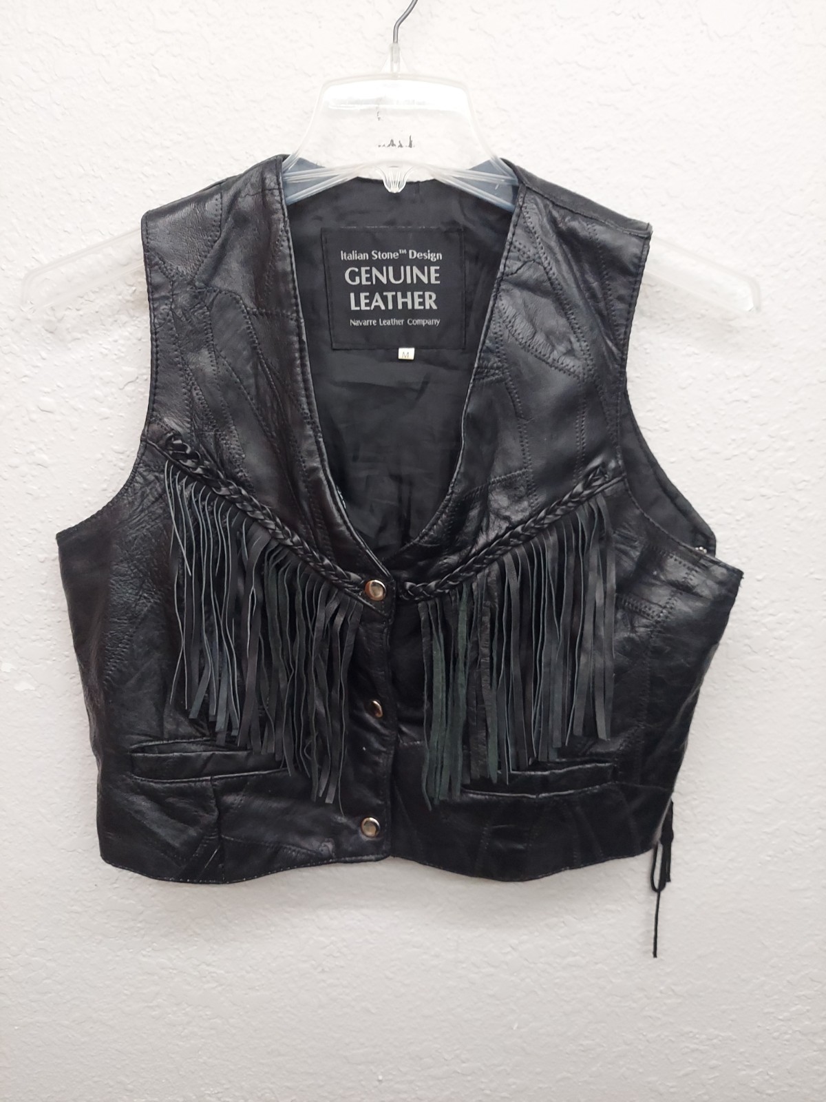Navarre Italian Stone Leather Vest Men Medium Black Patchwork Fringe Western