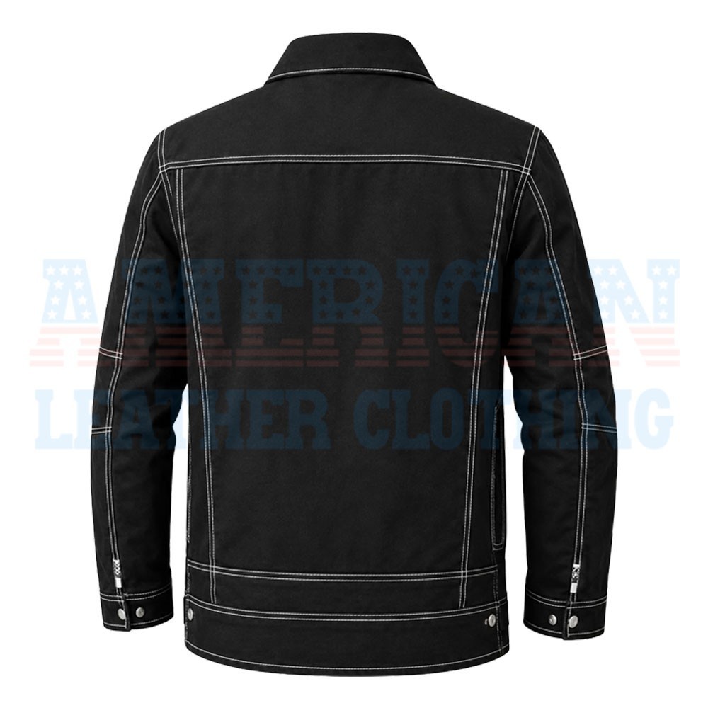 Handmade Men’s Black Twill Cotton Workwear Cargo Jacket with Multi Pockets