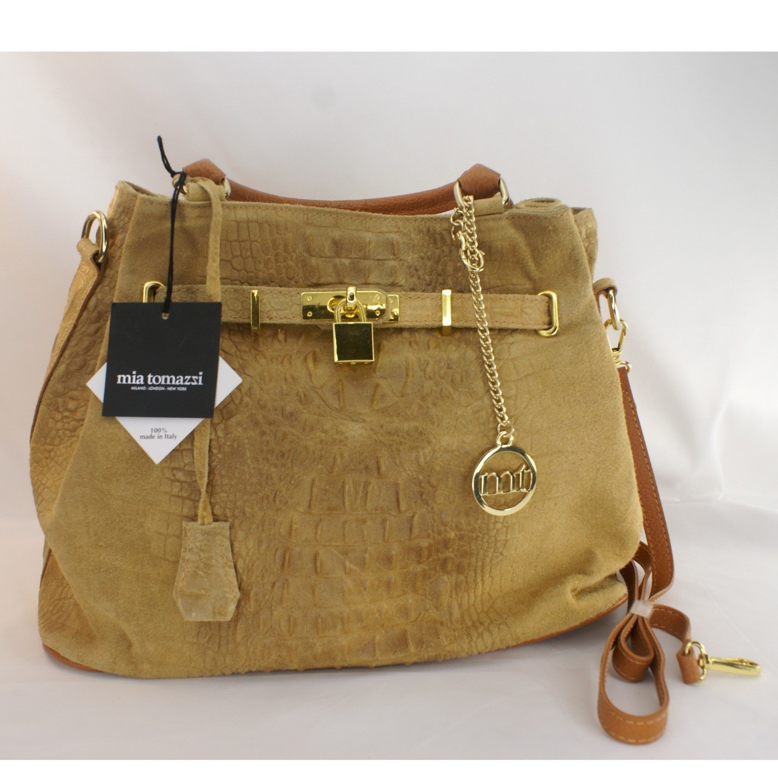 Mia Tomazzi Tan Suede Croc Embossed Satchel Handbag Made in Italy Gold Hardware