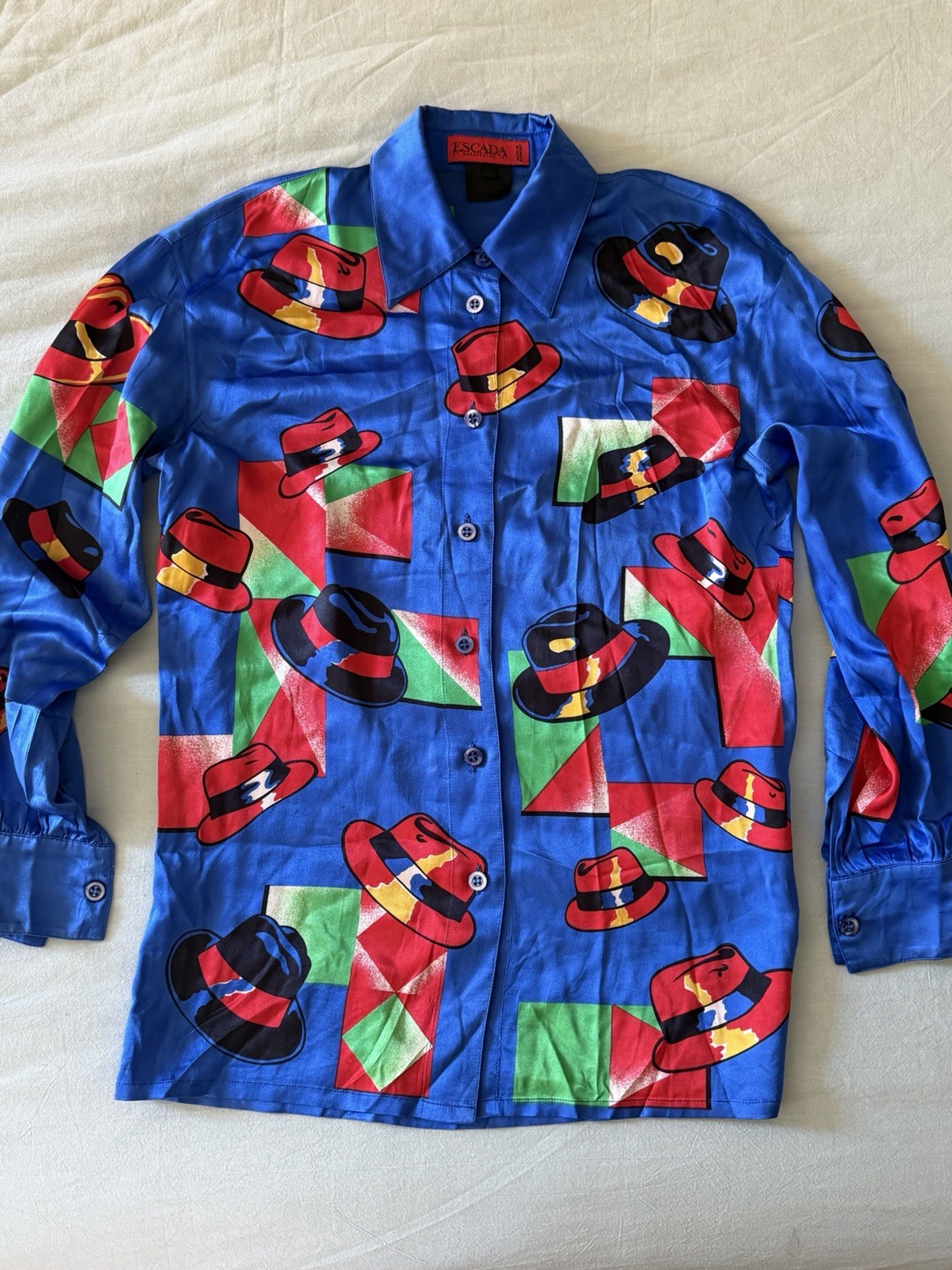 Vintage Escada Cobalt Blue Hat Print Silk Blouse Maxmalism S/M