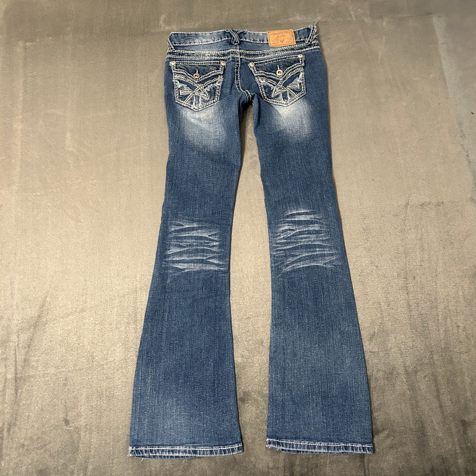 Amethyst Jeans Womens 1 Bootcut Low Rise Flare Distressed Contrast Stitch 28×29