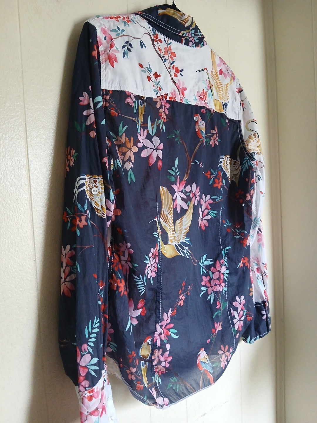 Cino Floral Botanical Bird Print Button Down Blouse Tab Sleeve 100% Cotton Sz M