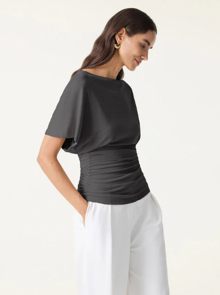 OGL Sandwashed Effortless Boatneck Batwing Sleeve Side Ruched Top, Shadow