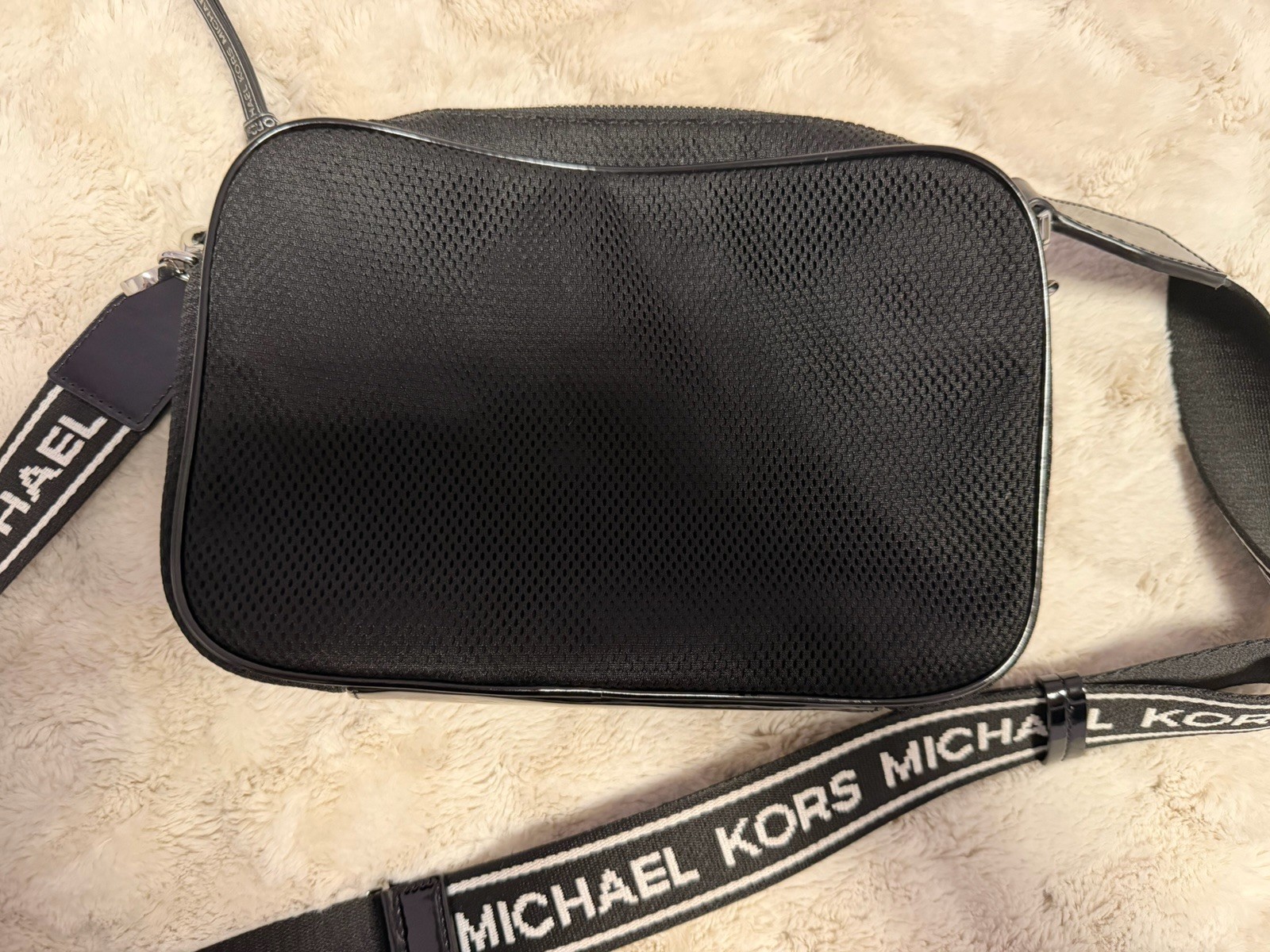 Michael Kors Black Logo Crossbody Bag Small, Adjustable Strap, Zip, Silver