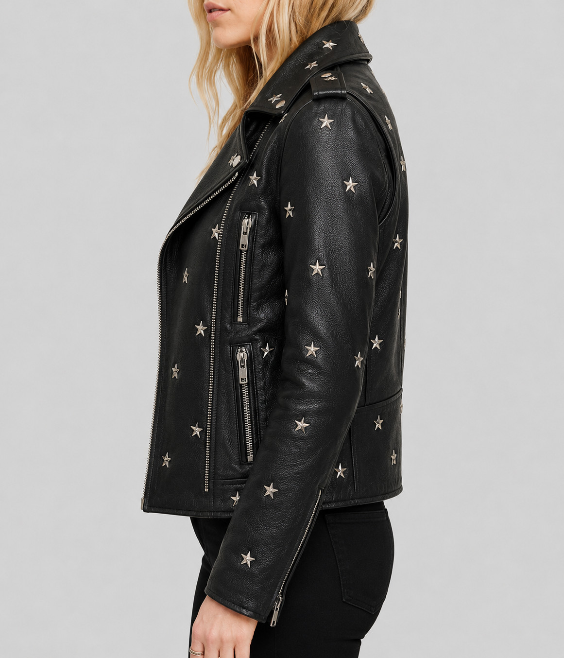 Women Handmade Black Leather Biker Jacket – Star Studded Moto Punk Rock Zip Coat