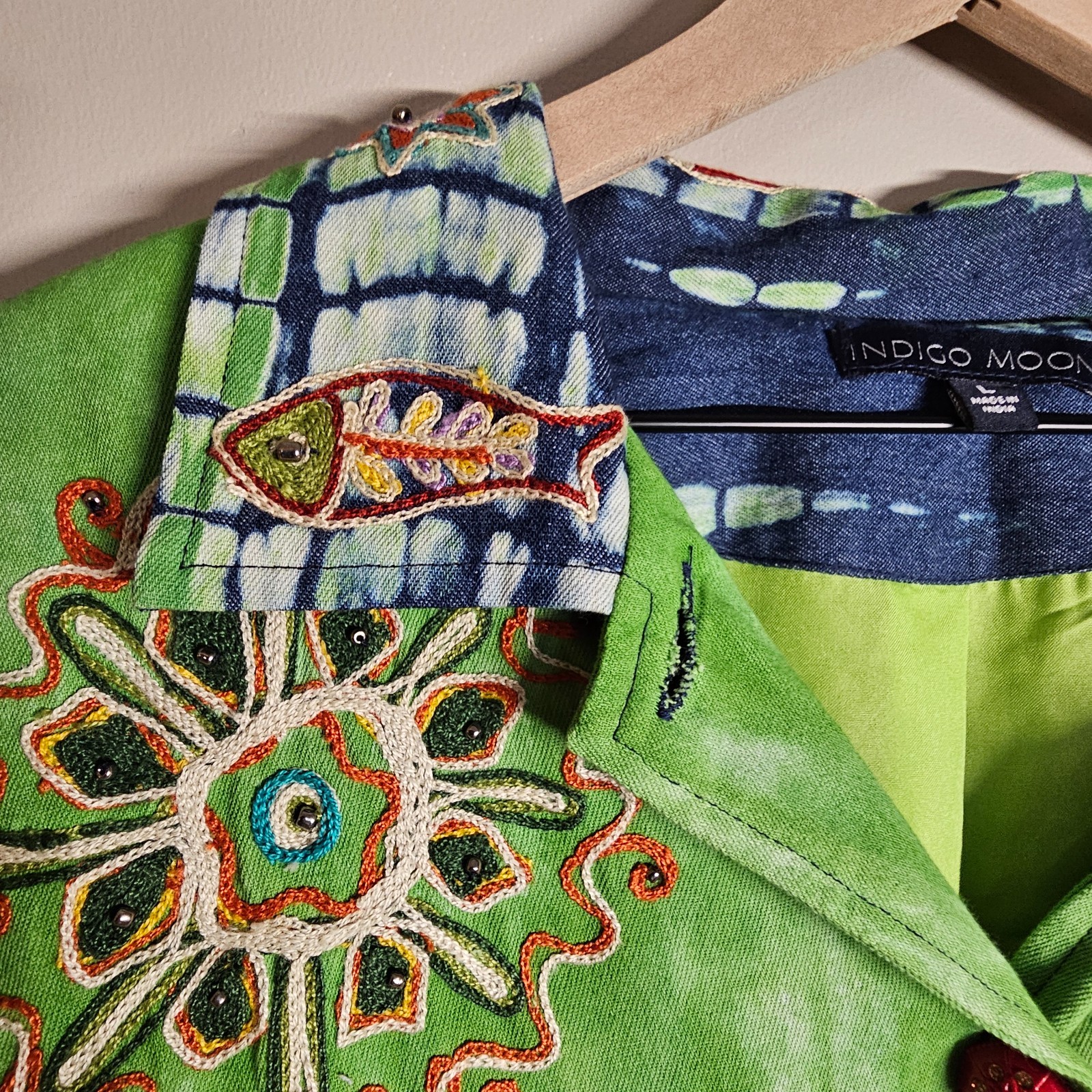 Indigo Moon Large Jacket Green Tie Dye Blue Denim Embroidered Beaded Boho Artsy