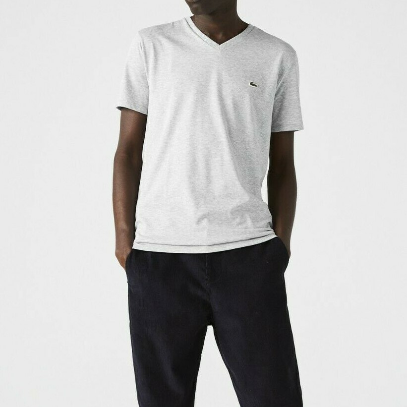 *NEW* Men Lacoste V-Neck Pima Cotton Jersey T-shirts Grey (TH6710 CCA)