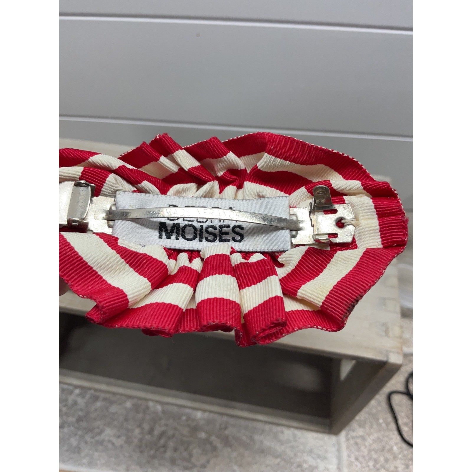 Debra Moises Red White Polka Dot Striped Grosgrain Ribbon Hair Barrette Set 2pc