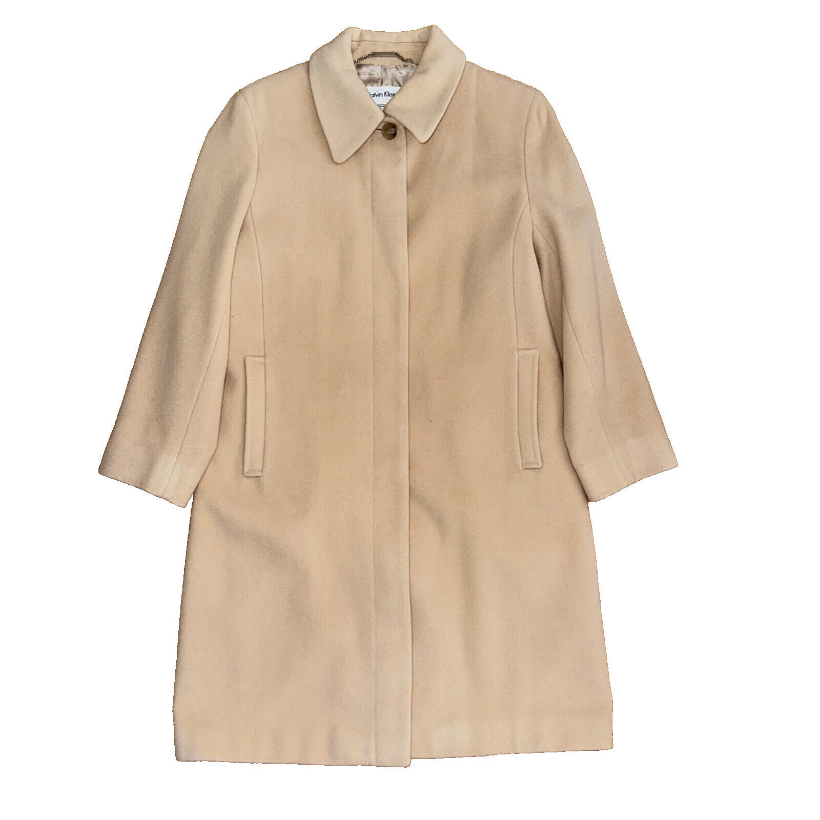 Vintage Calvin Klein Tan Wool Blend Button 2 Pocket Jacket Pea Coat Size 12
