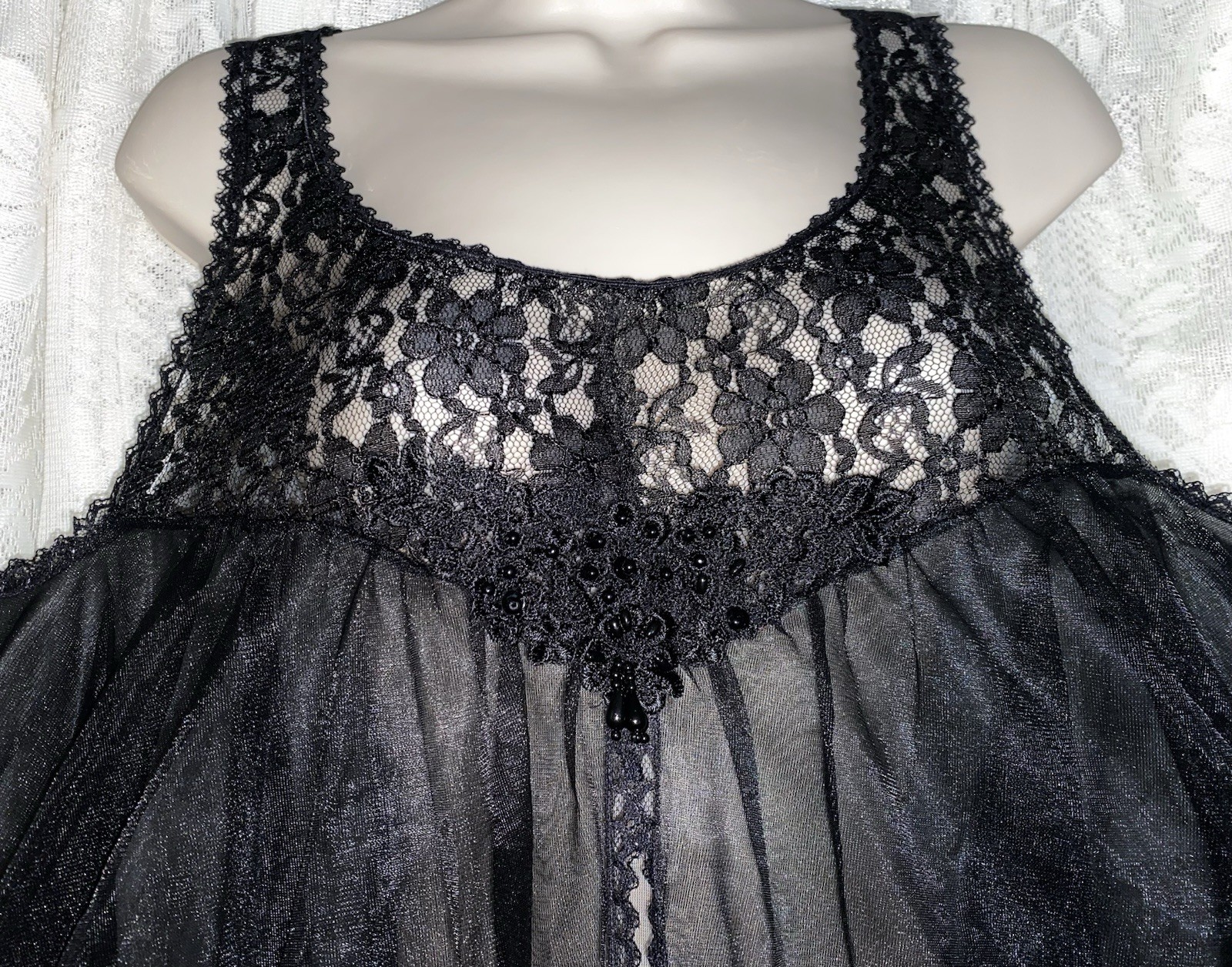 VTG NWT 1X Black Fancy Full Sheer Db Chiffon Babydoll Nightgown w Panty SET USA