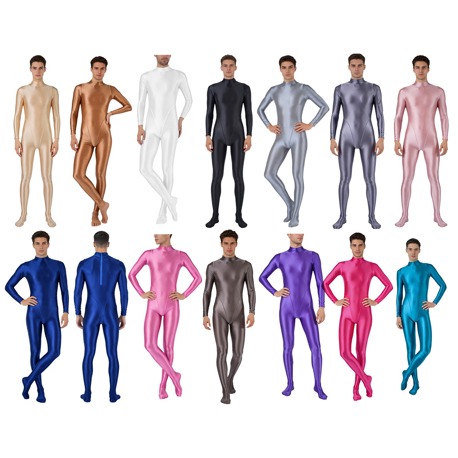 US YiZYiF Mens Sexy Glossy Unitard Full Bodysuit Long Sleeve Athletic Jumpsuit
