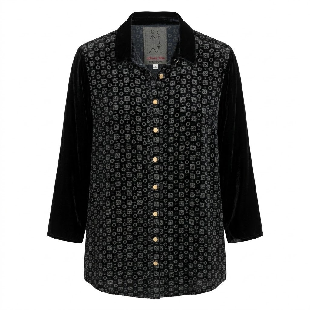 Johnny Was Pete & Greta Black Velvet Silk Blend Embroidered Snap Blouse – CJ