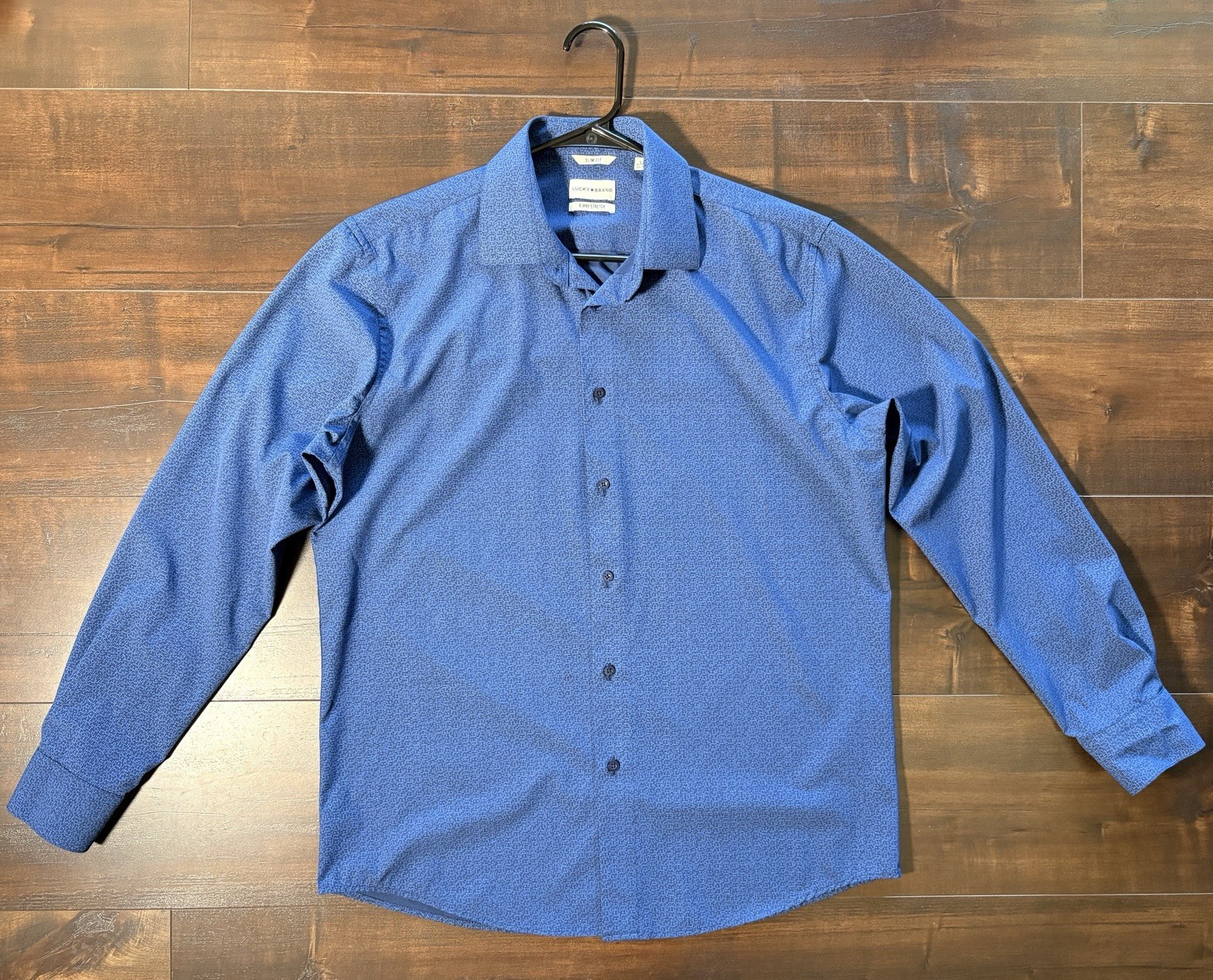 Lucky Brand Slim Fit Blue Geometric Stretch Dress Shirt L 16/16.5 34/35