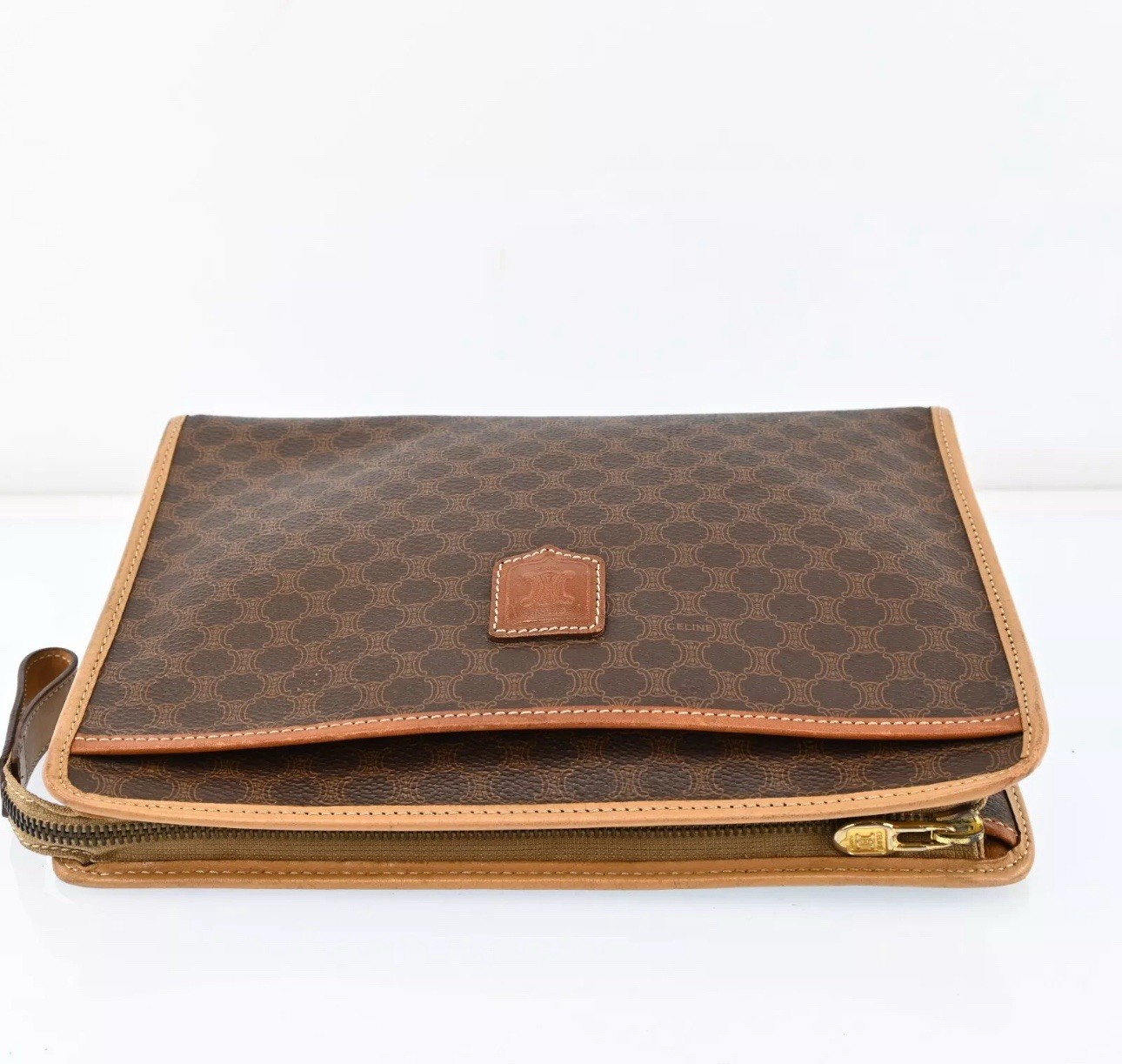 CELINE Paris Vintage Monogram Macadam Pattern Designer PVC Brown Clutch BAG