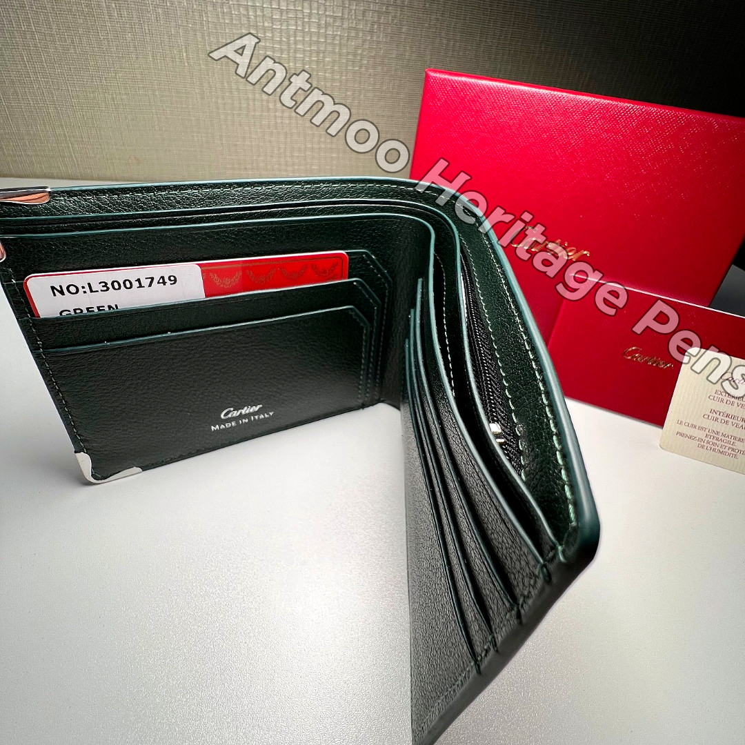 CARTIER Black Leather Bifold Wallet Silver-Tone Corner Accent Men Luxury Wallet