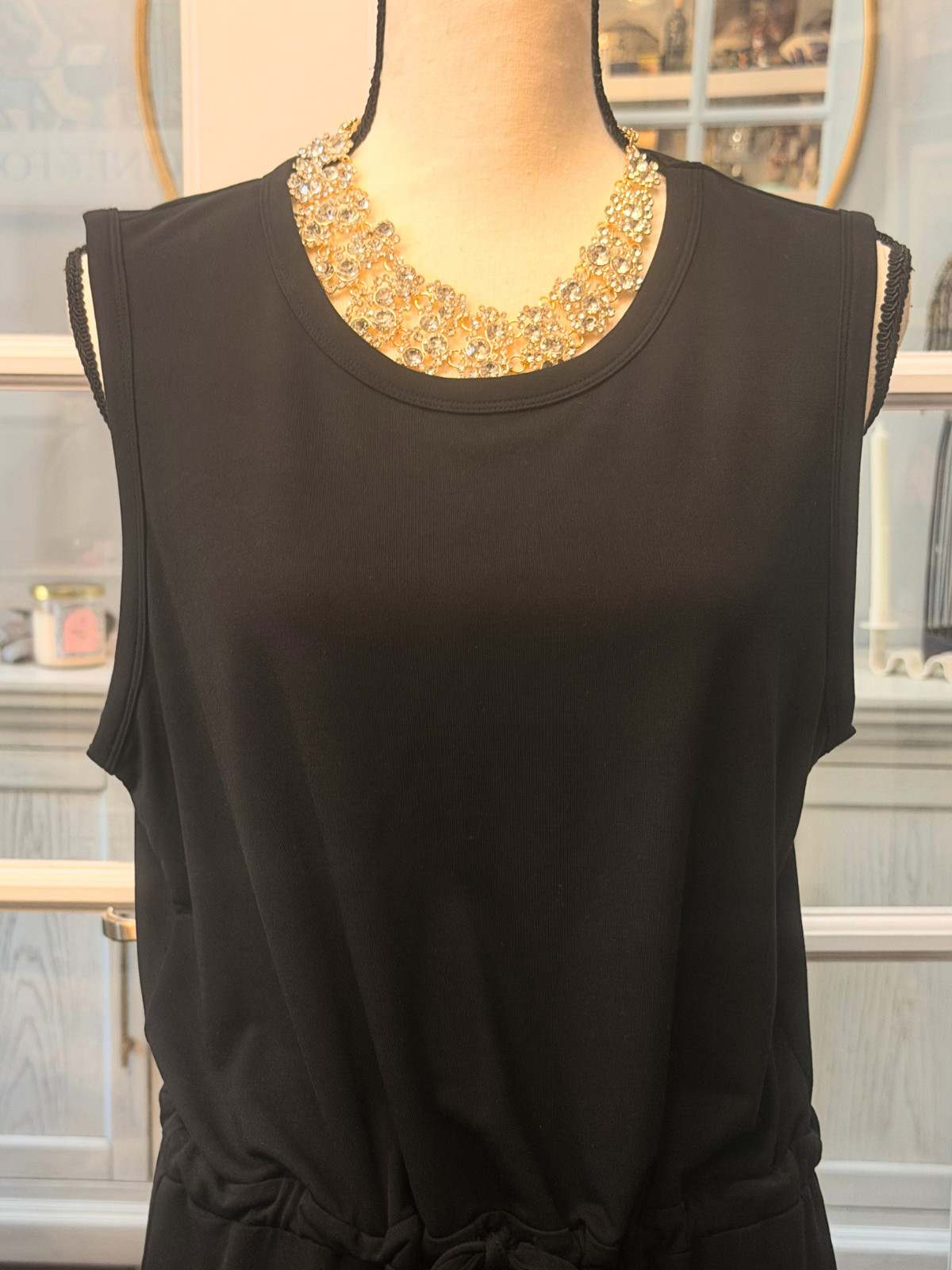 NWT Evereve Black Sierra Sleeveless Dress L with Waist Tie Curved Hem $98