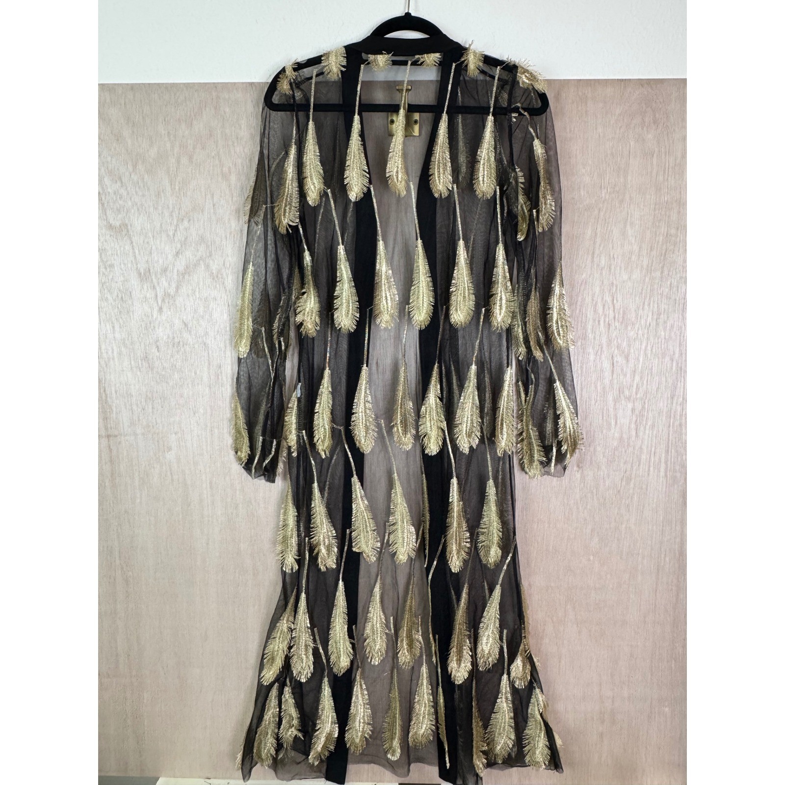 Banjul Black Sheer Gold Thread Textured Feather Design Duster Jacket Women OS
