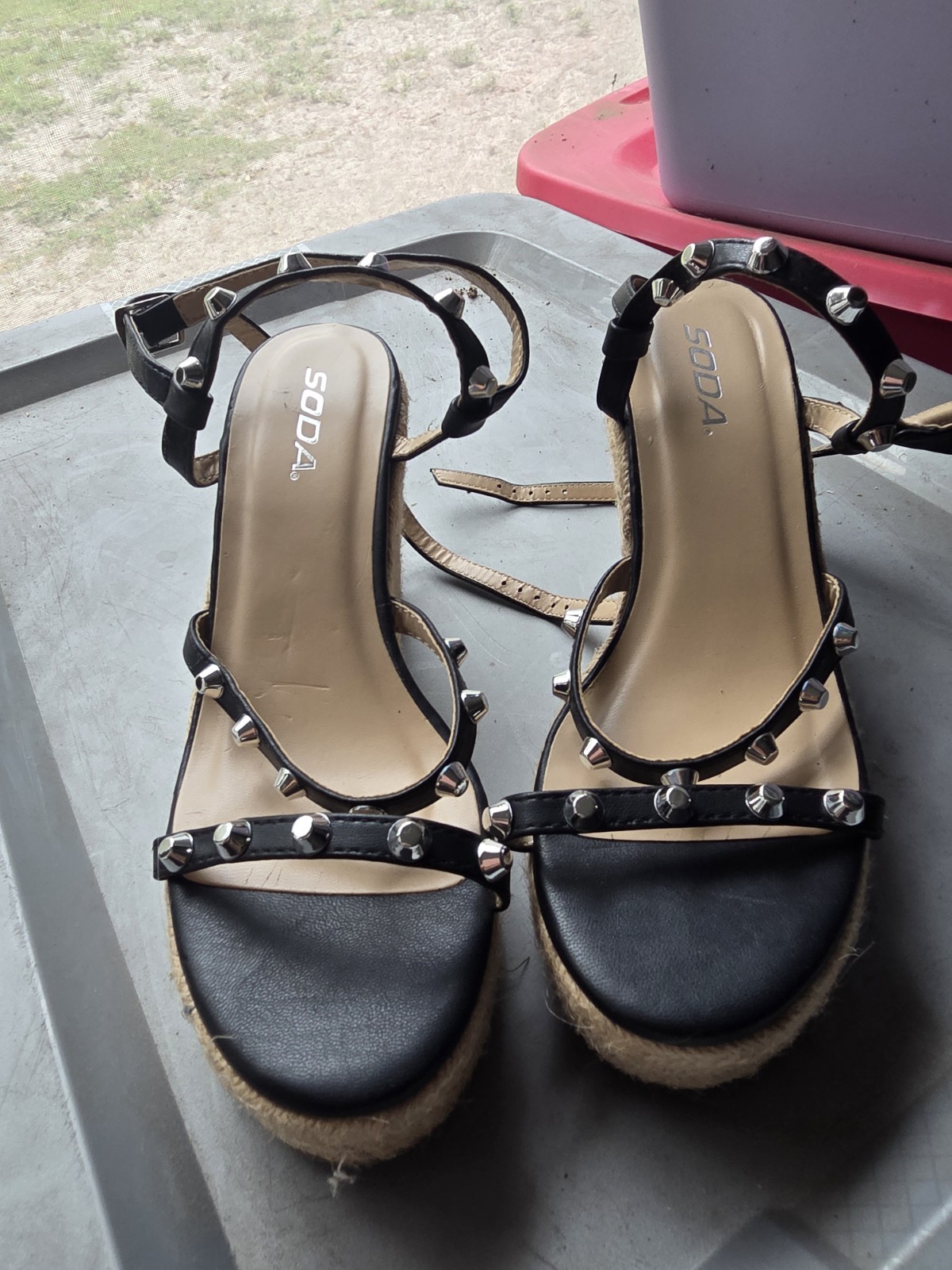 Soda Black PU Studded Strappy Wedge Sandals Size 7