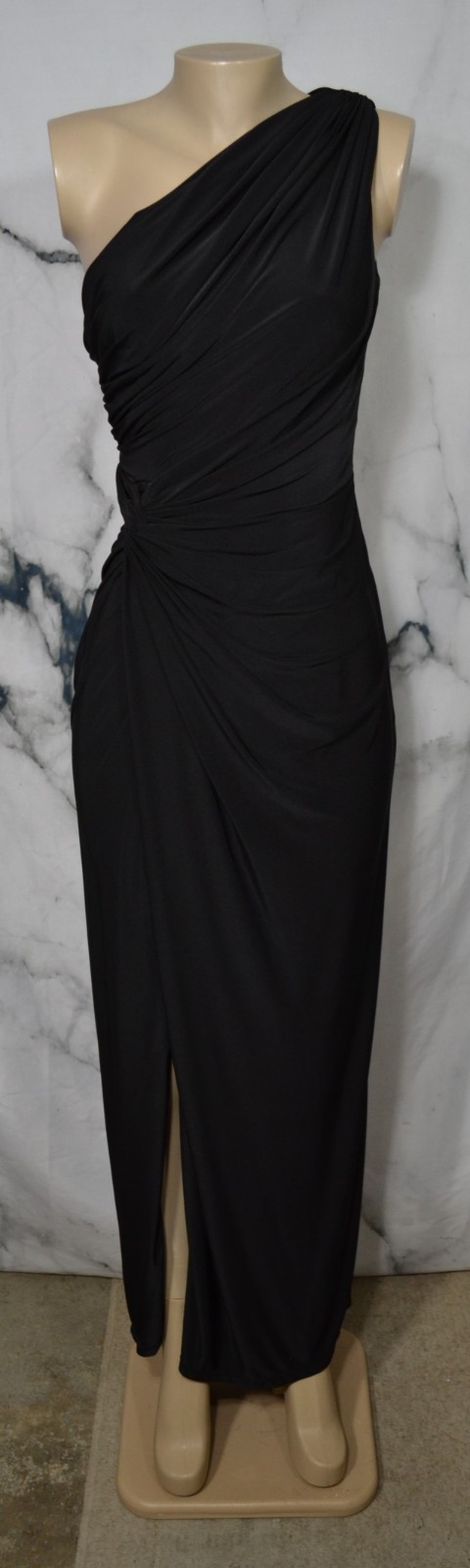 TADASHI SHOJI Black One Shoulder Draped Gathered Gown Small Side Slit Lined USA
