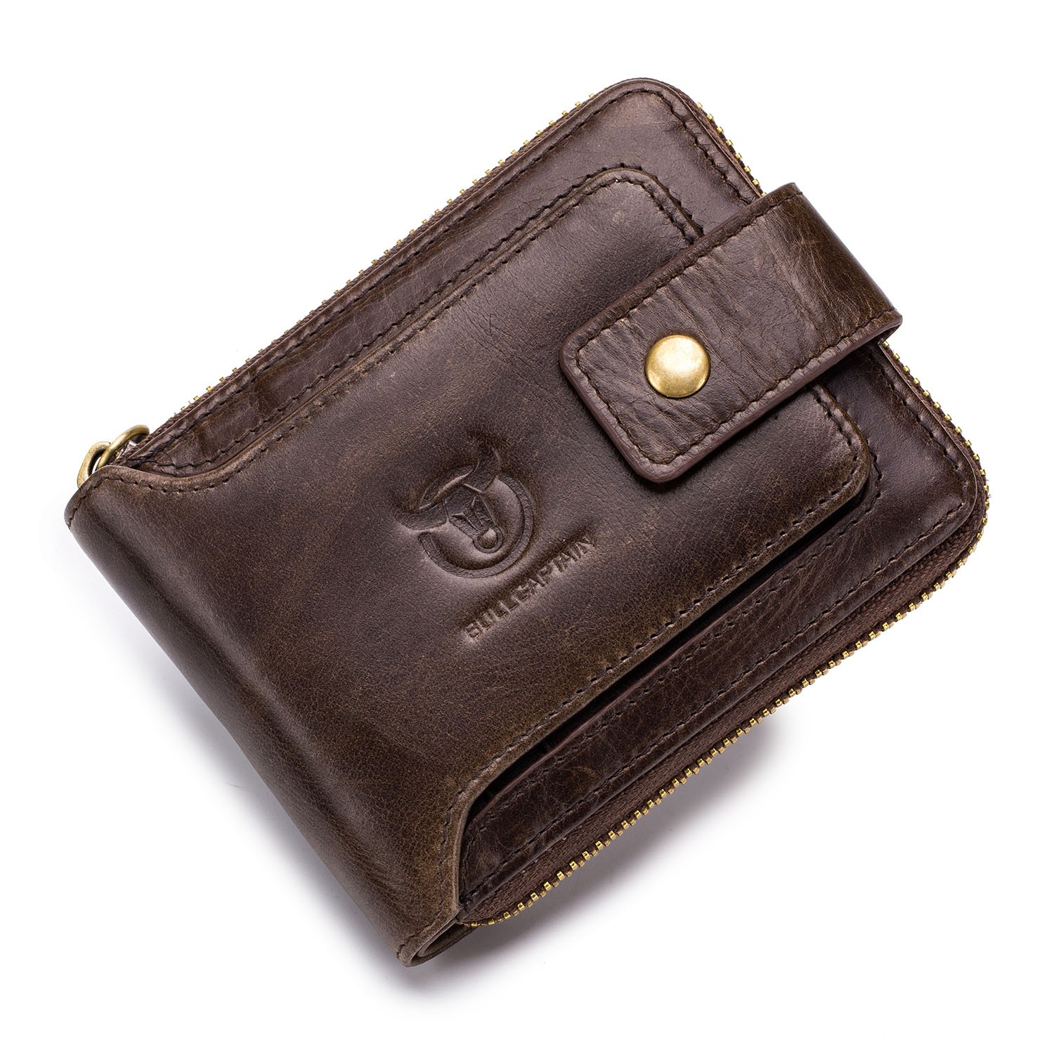 Retro Men Wallet Genuine Leather RFID Blocking Bifold with Zipper Coin Pocket