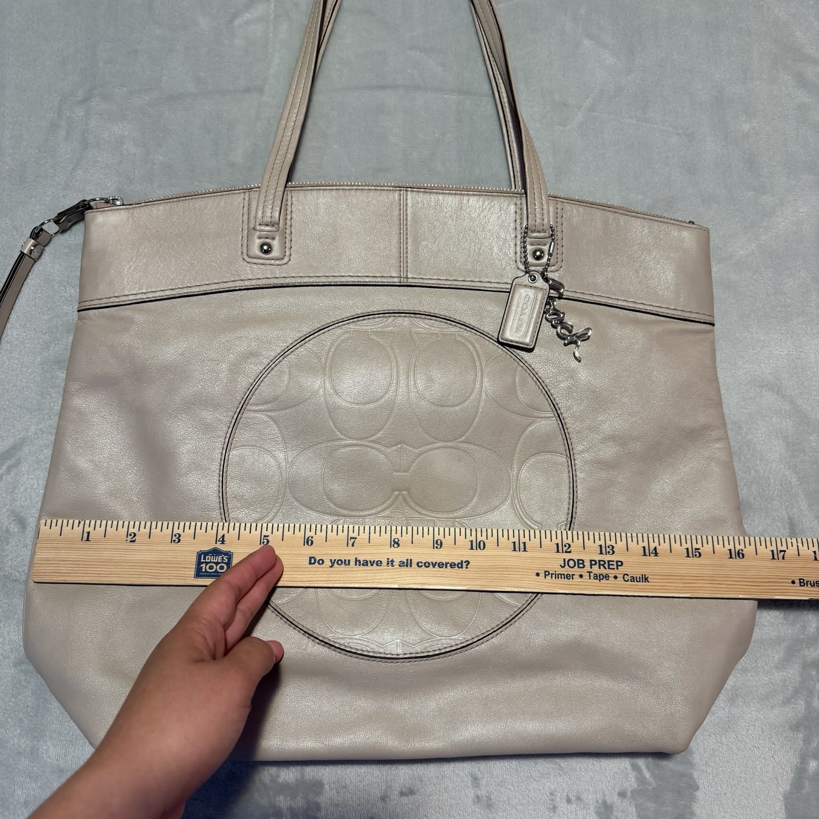 Coach Laura Signature Embossed Leather Tote Bag Taupe Gray Purse Handbag F18336