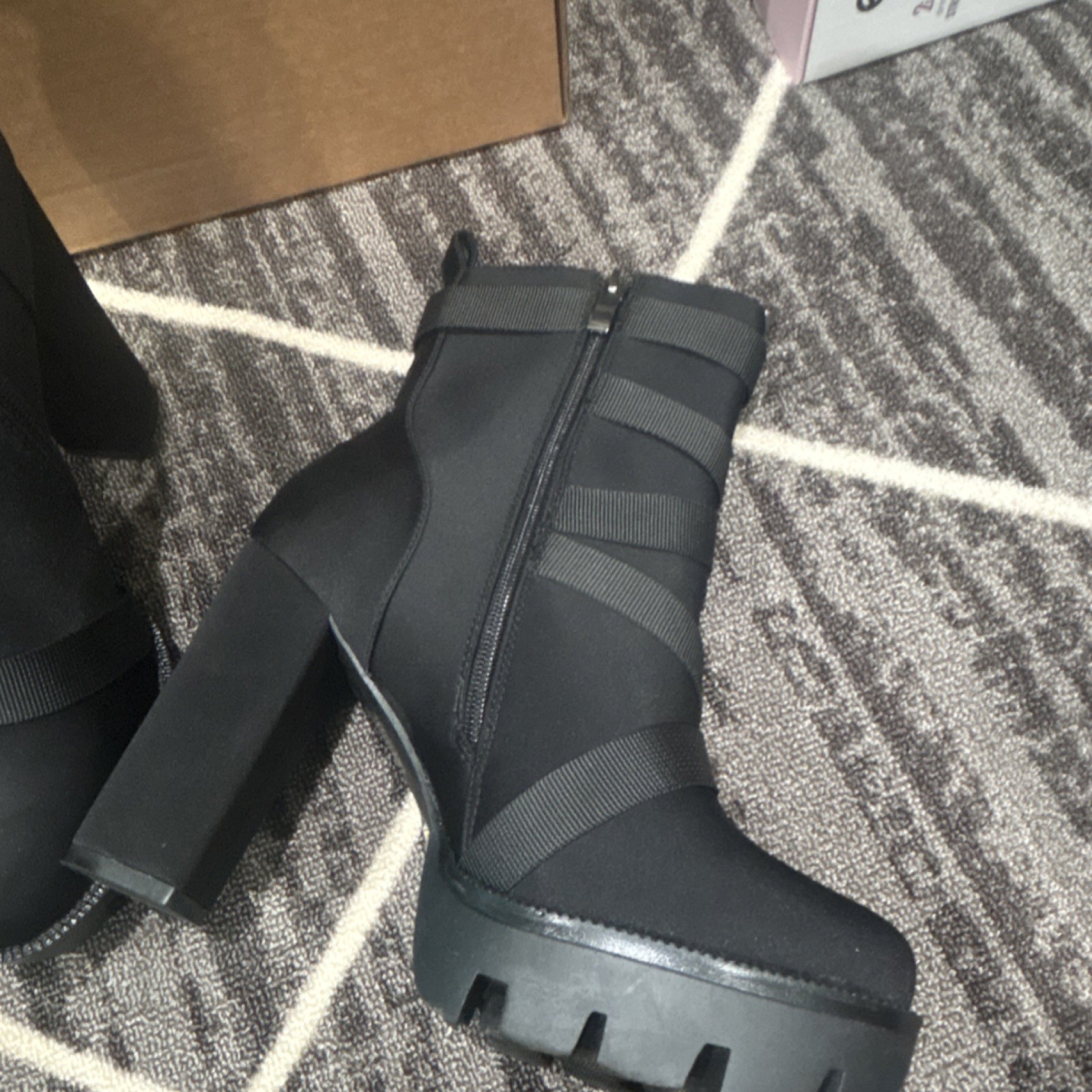 Women’s Black Ankle Booties Straps Zip Closure Round Toe Synthetic Rubber Sole