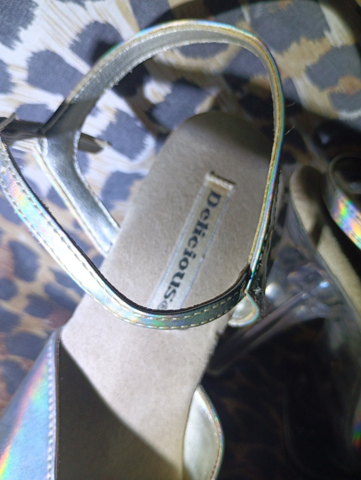 Delicious Women’s Silver/Clear Holographic Platform Ankle Strap Open Toe Heels 7