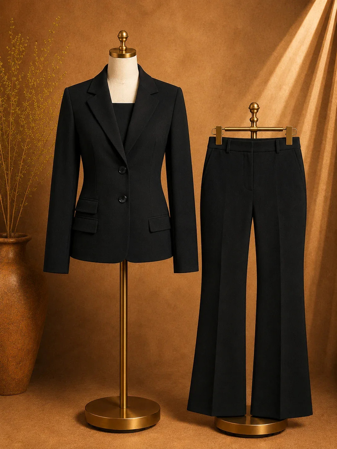 Womens Stylish Black Pattern Suit Size 48 Cropped Jacket and Pants Made in