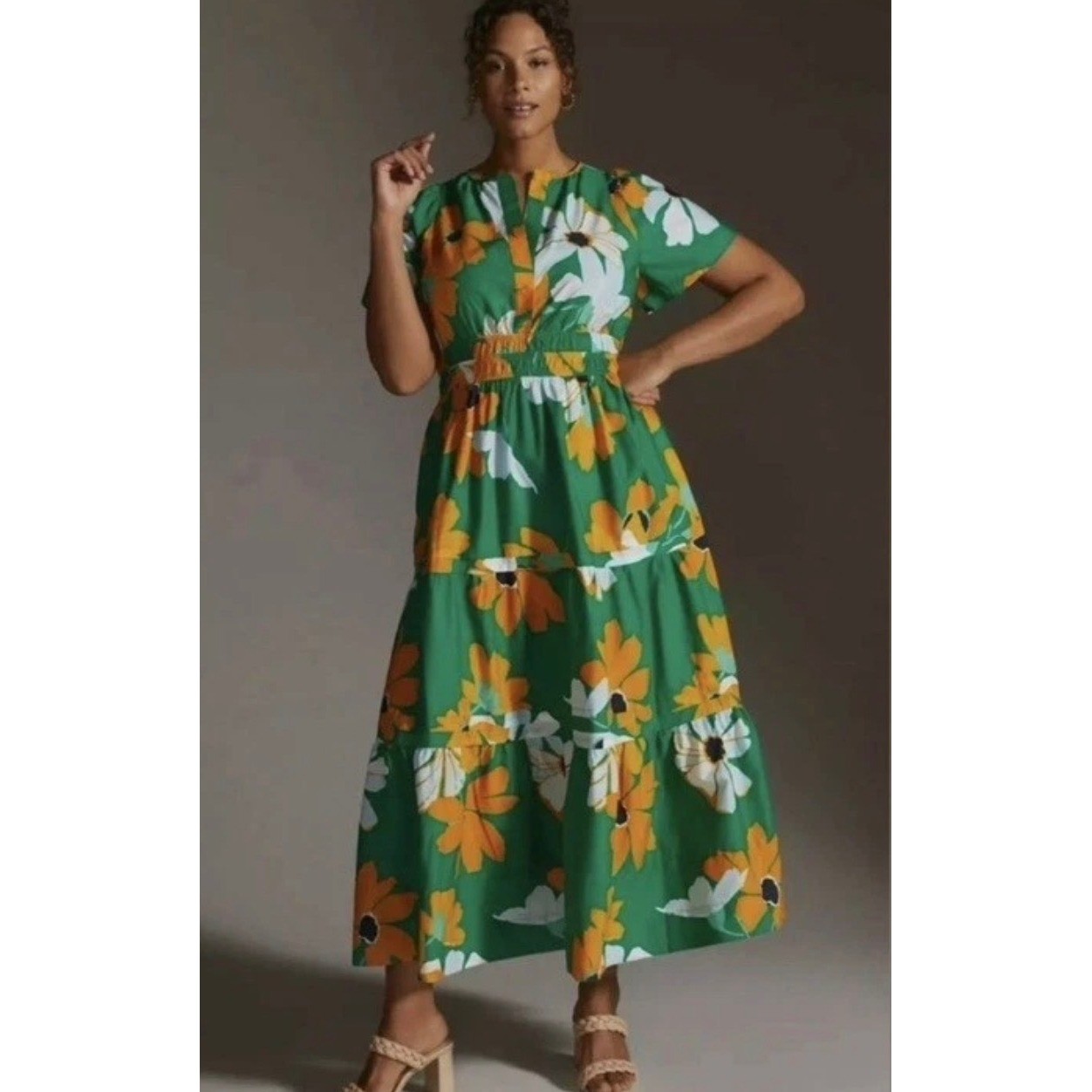 Maeve Anthropologie Green Floral Tiered Maxi Dress Smocked Waist 2X Plus NWT