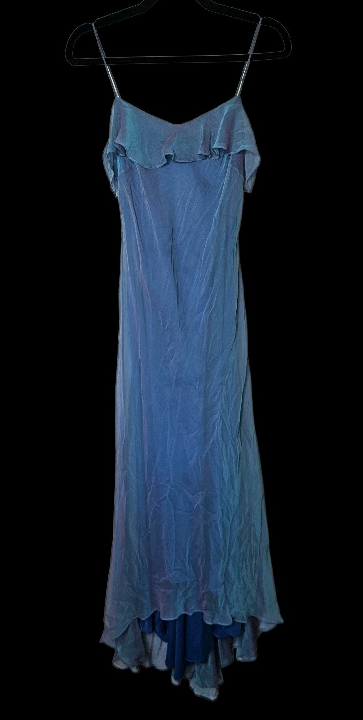 Y2K Vtg Iridescent Blue/Purple Ruffle Dip Hem Dress Gown Wedding Prom Sz 4