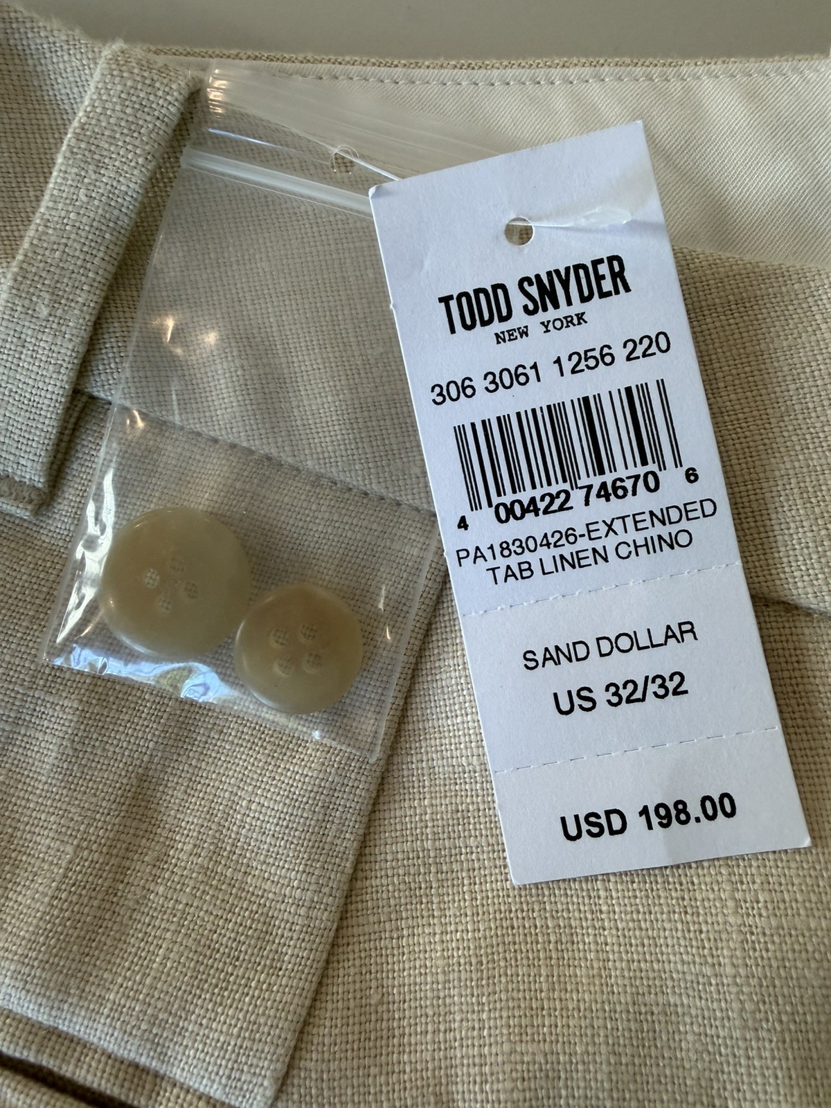 NWT Todd Snyder 100% Linen Extended Tab Chino Pants Mens 32×32 Sand Dollar color