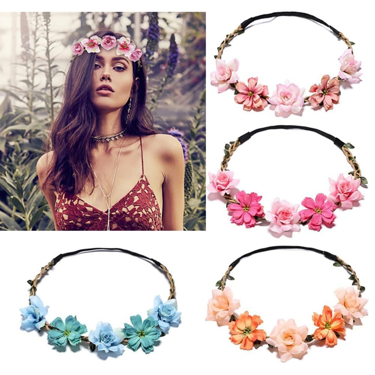 Women Headpieces Collection Accessories – 6 PCS Boho Hair Wreaths, Flower Crowns