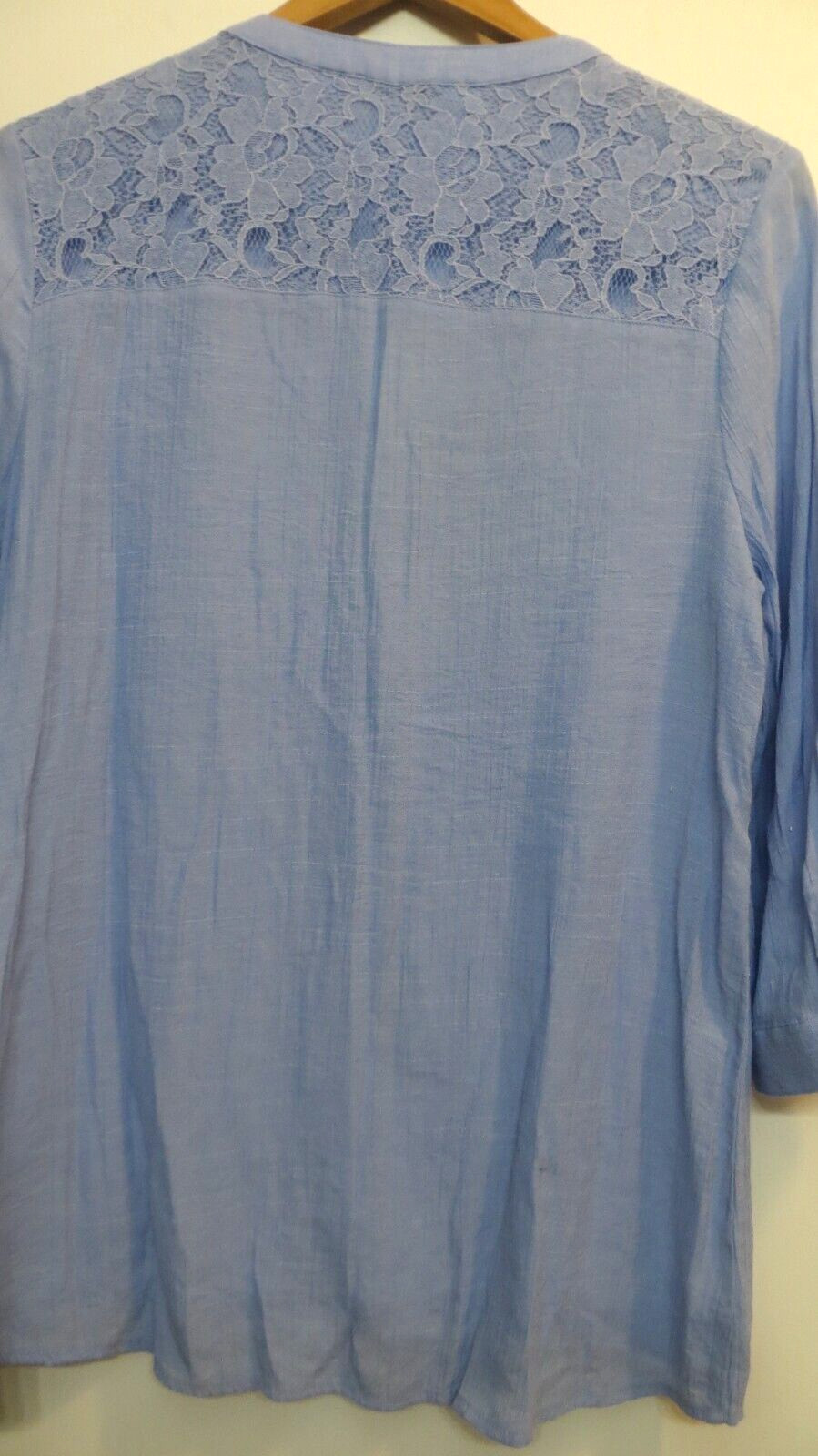Notations Shirt Womens Large Blue Button Up 3/4 Convertible Sleeves Lace Accent