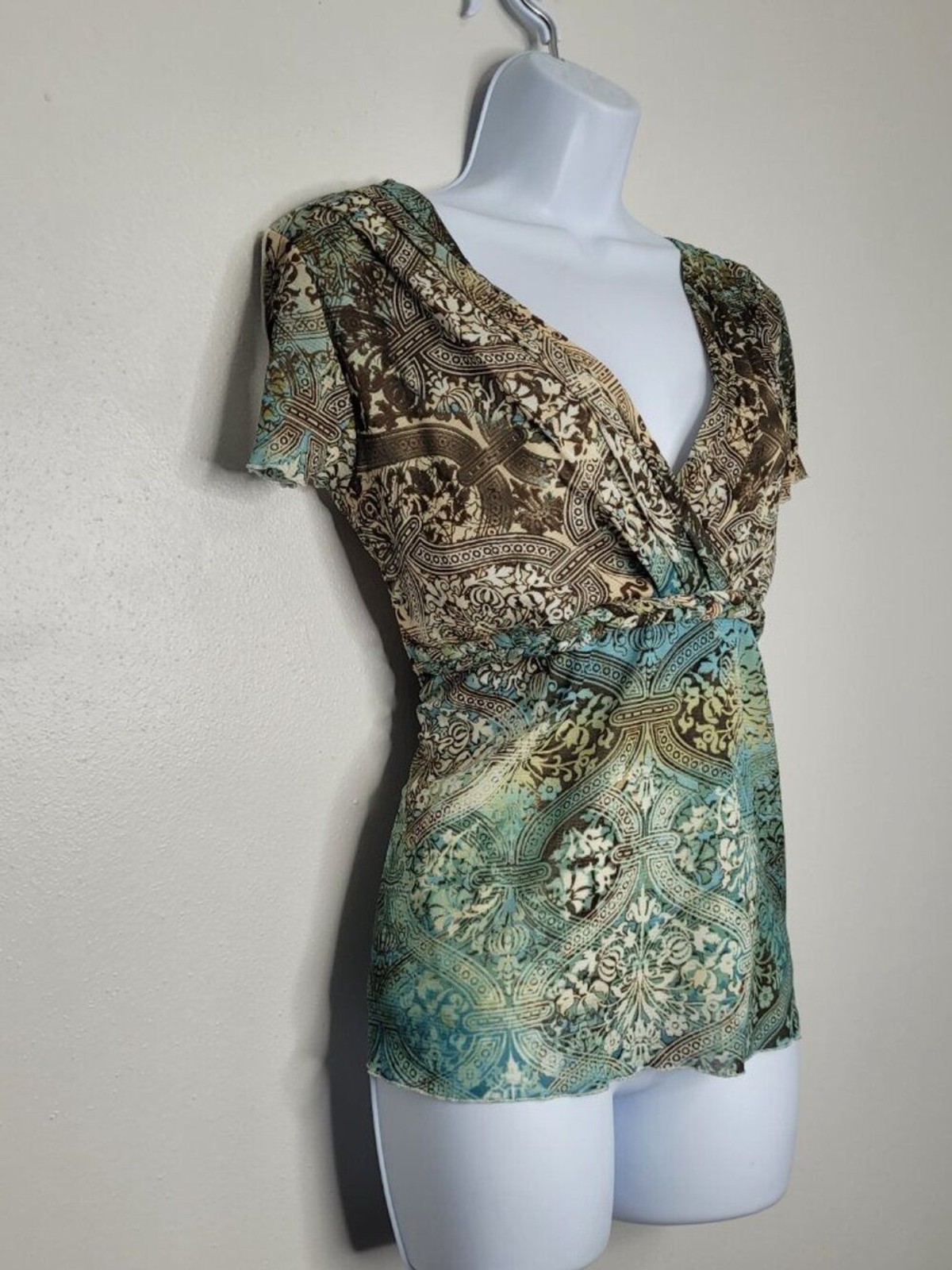 Axcess brown teal blue grunge fairy dark boho short sleeve witchy top large