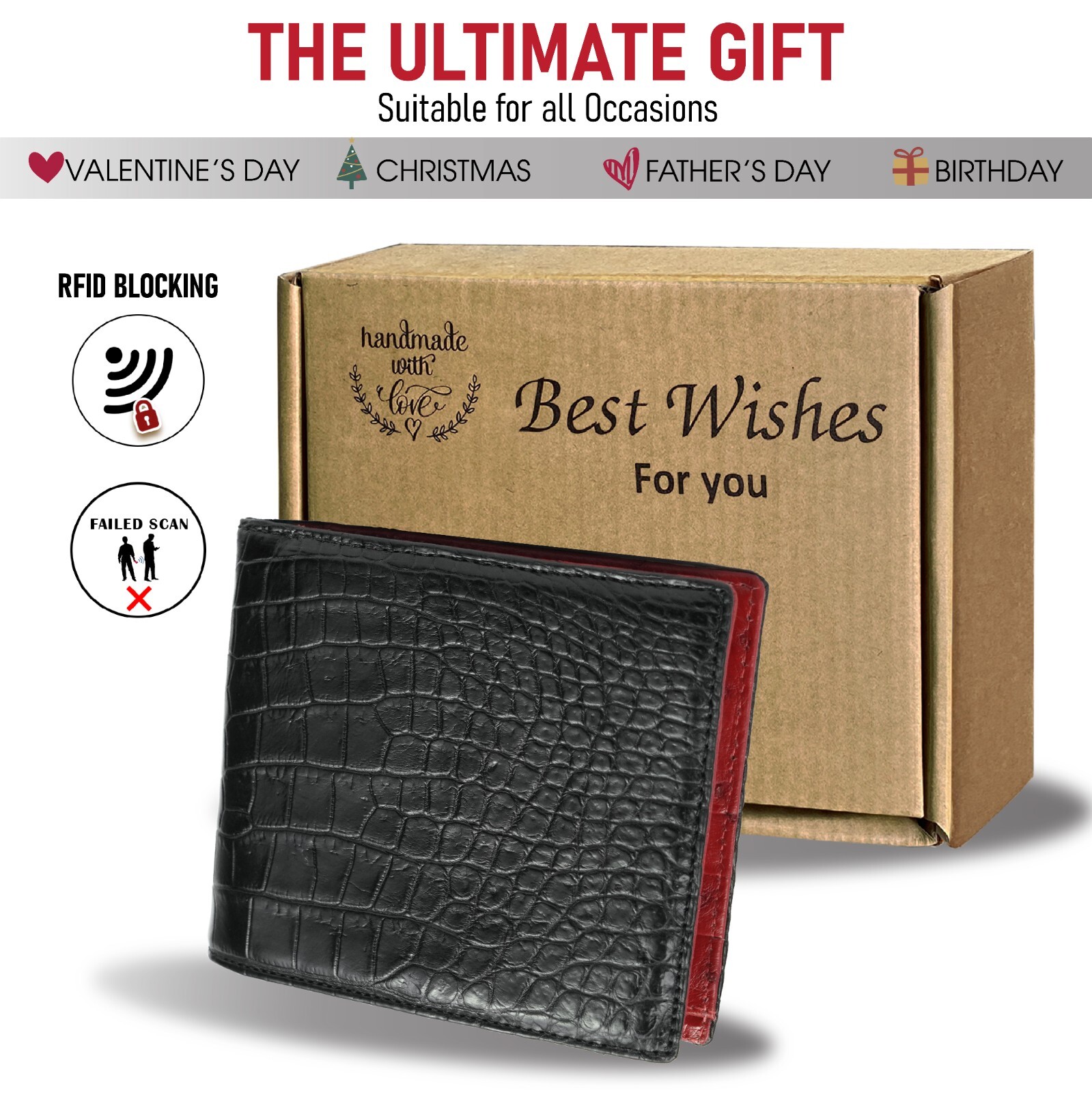 Black/Red Crocodile Bifold Leather Wallet Handmade RFID Blocking 8 Card Slots