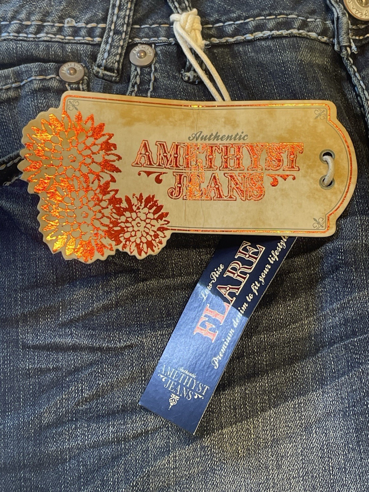 Amethyst Jeans Juniors 13 Blue Bootcut Flare Stretch Denim Dark Wash Embroidered