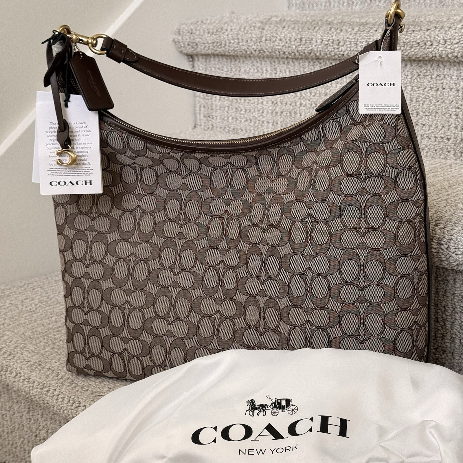 NWT COACH Juliet Large Shoulder Bag 38 Signature Jacquard Oak Maple Brown CDG70